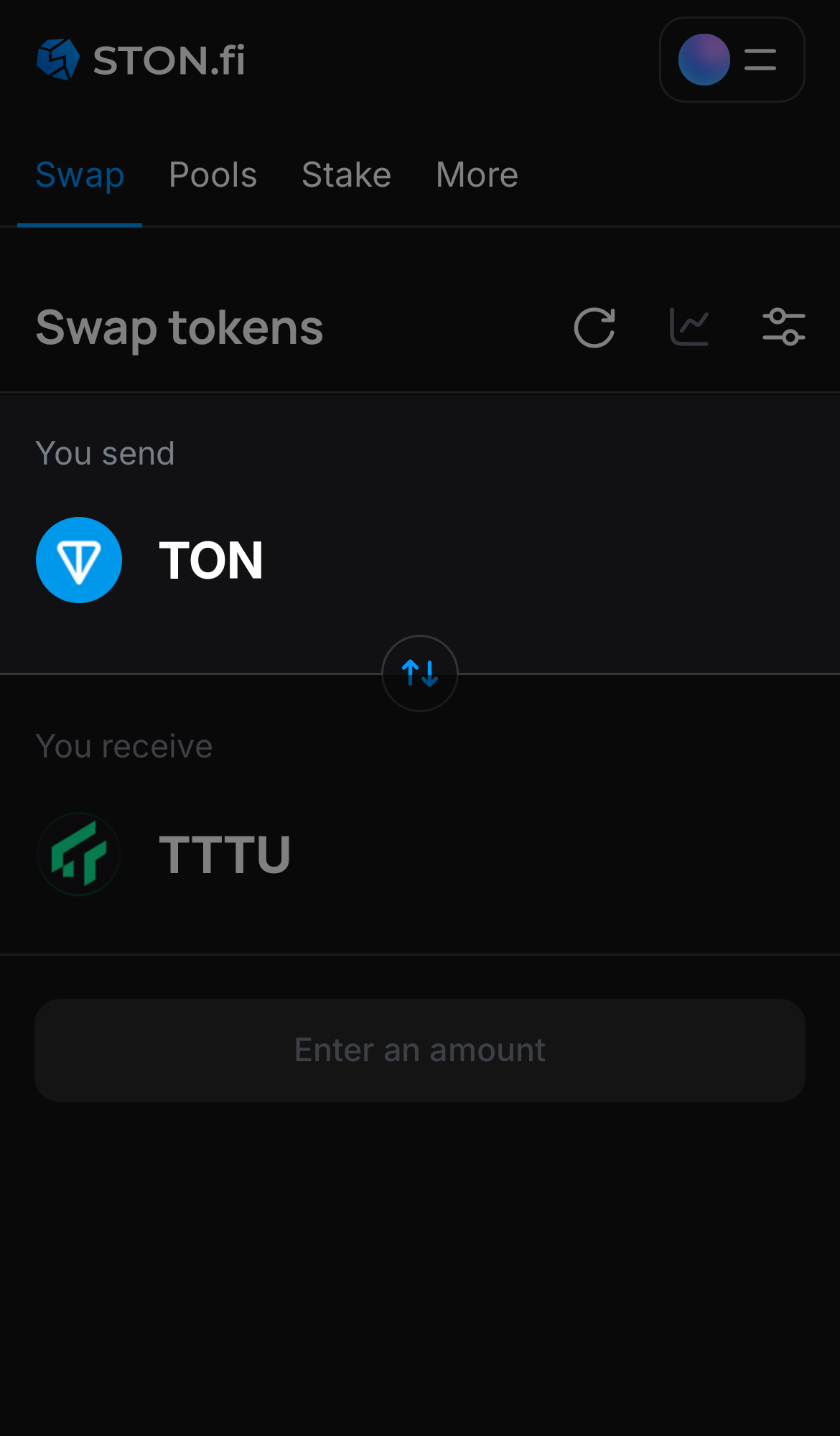 Choose a token in the ‘You send’ box — for example, TON.