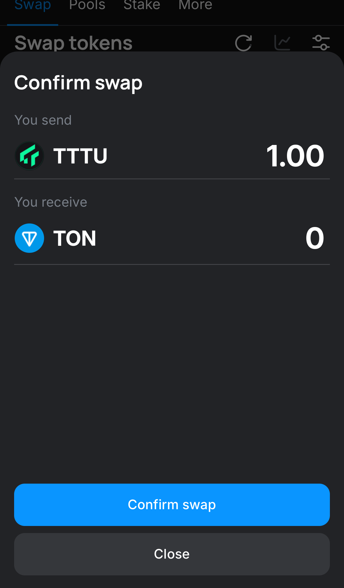 Click ‘Swap‘, double-check the details, and confirm the transaction by clicking the ‘Confirm swap‘ button.