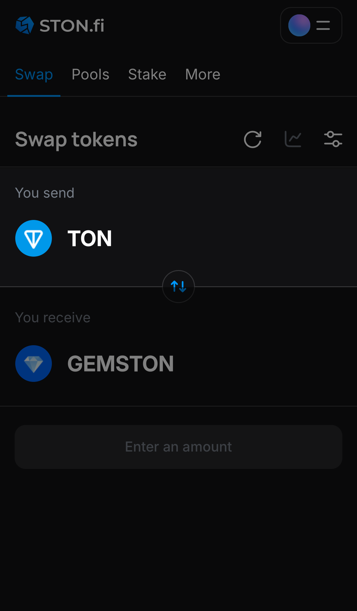 Chọn một token trong ô ‘You send’ — ví dụ, TON.