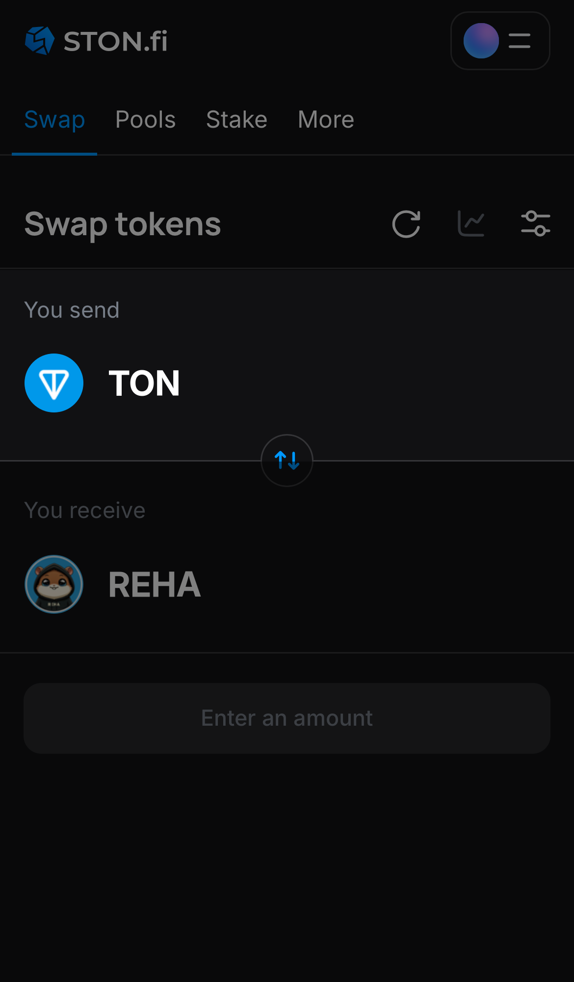 Choose a token in the ‘You send’ box — for example, TON.