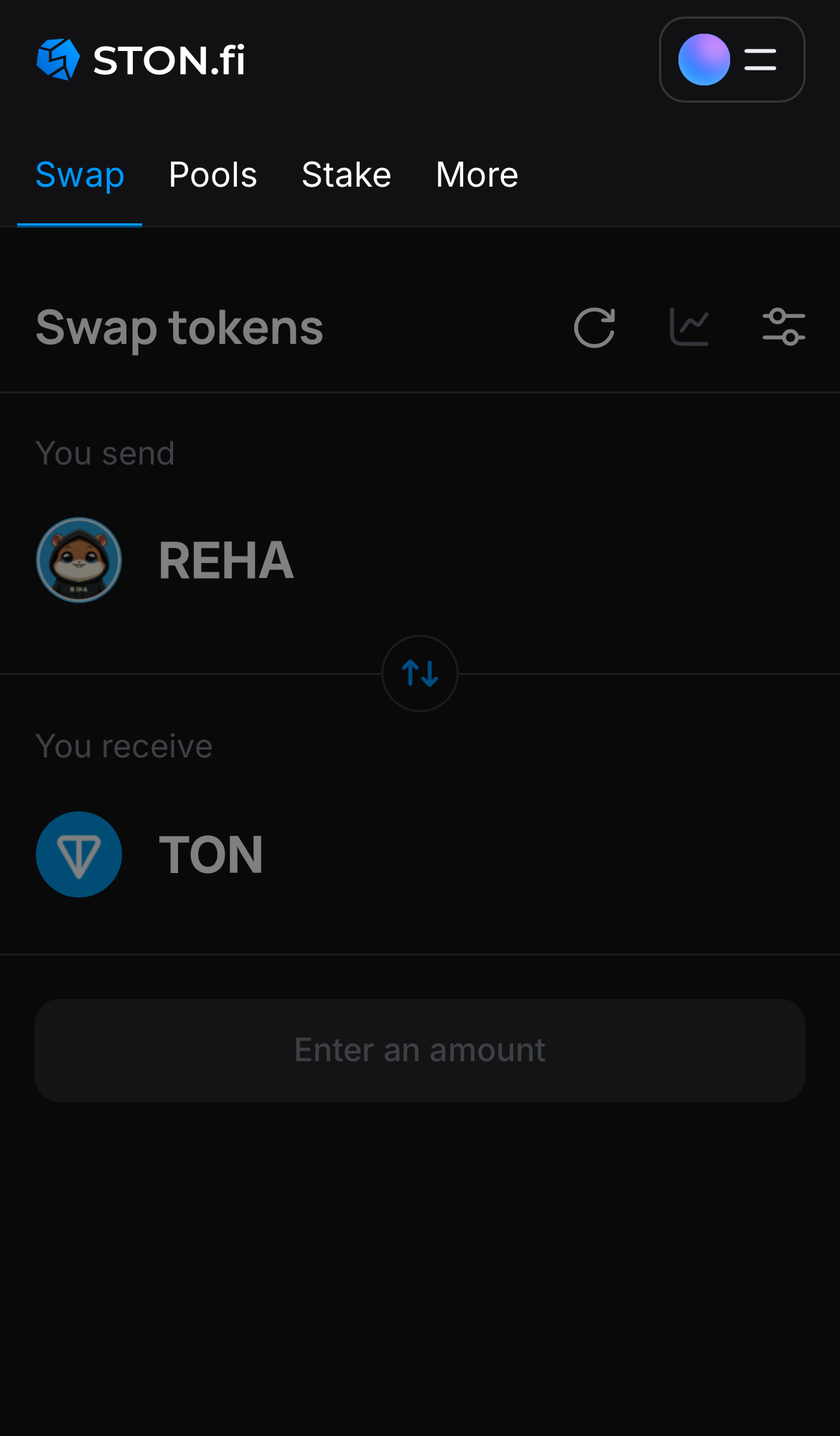 Open the STON.fi app and navigate to the ‘Swap‘ tab.