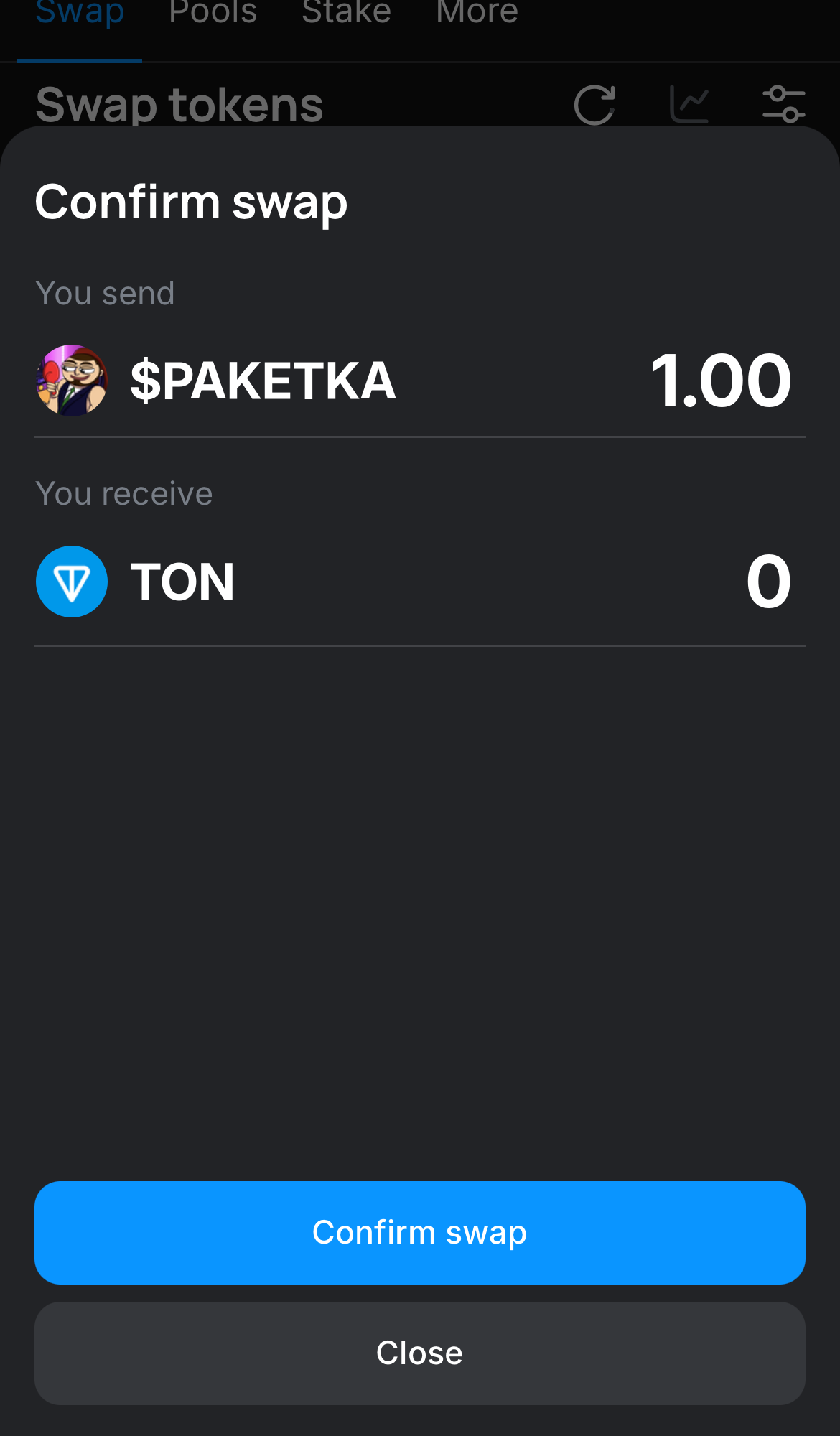 Cliquez sur ‘Swap‘, vérifiez les détails, puis confirmez la transaction en cliquant sur le bouton ‘Confirm swap‘.