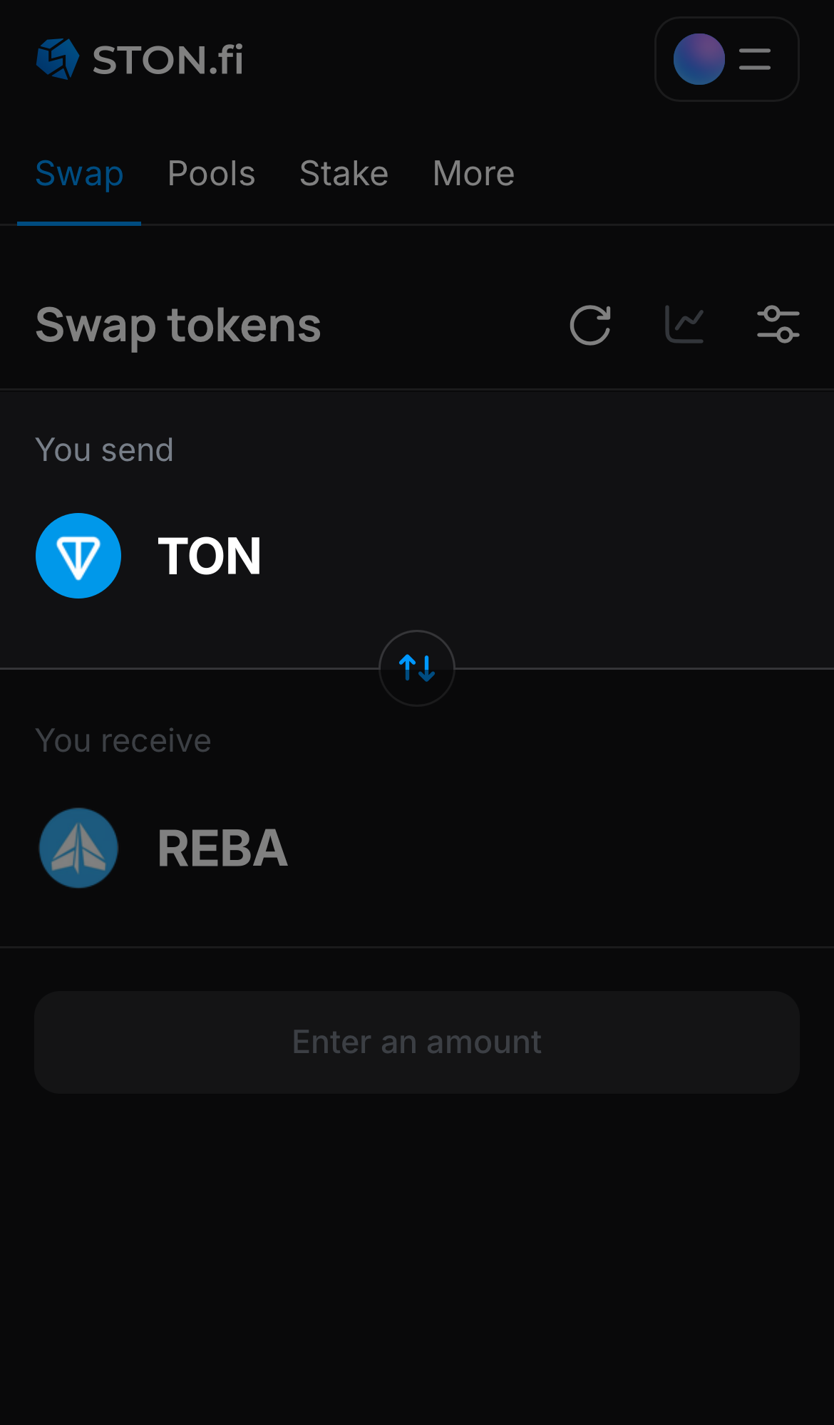 Choose a token in the ‘You send’ box — for example, TON.