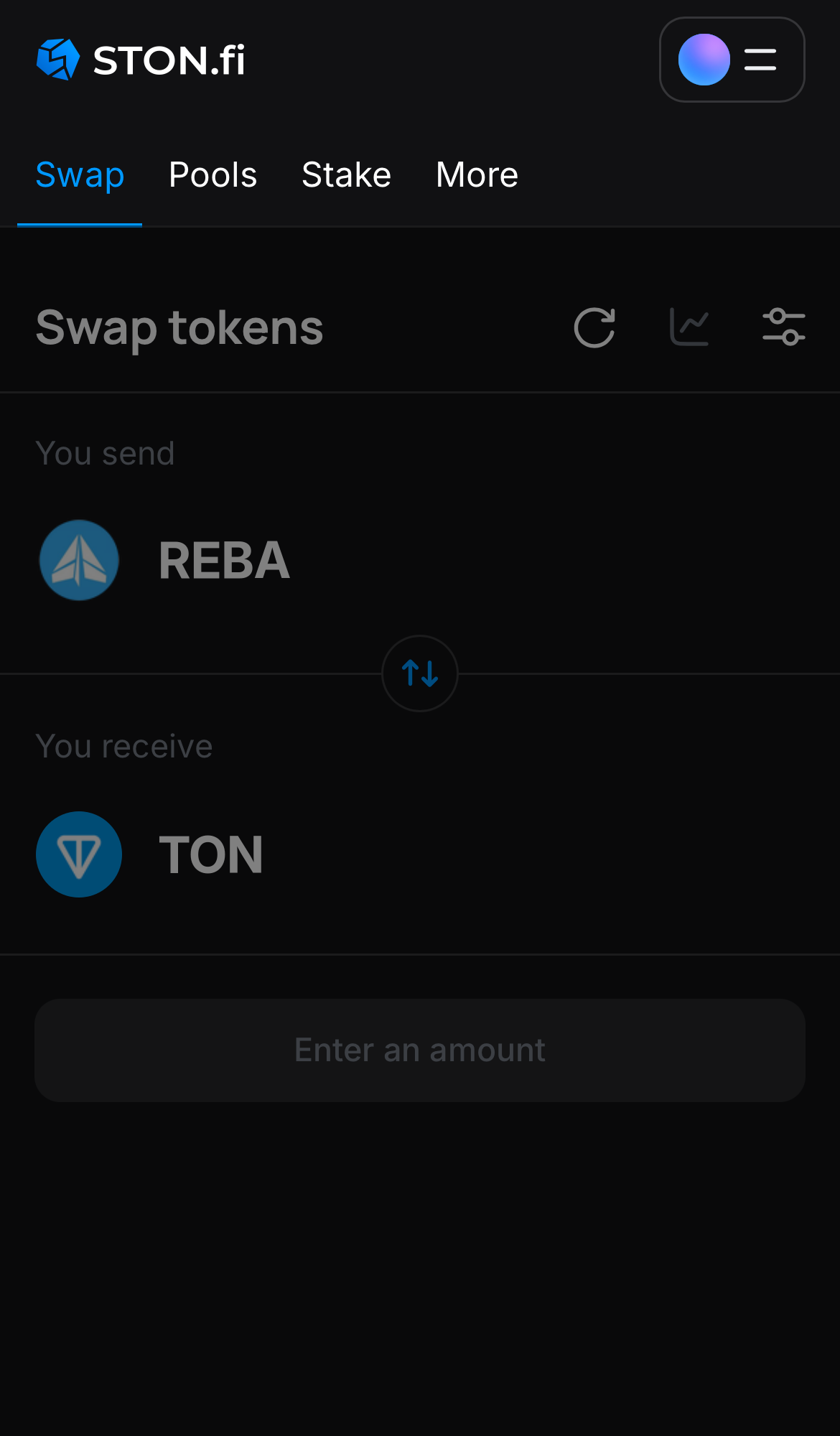 Open the STON.fi app and navigate to the ‘Swap‘ tab.