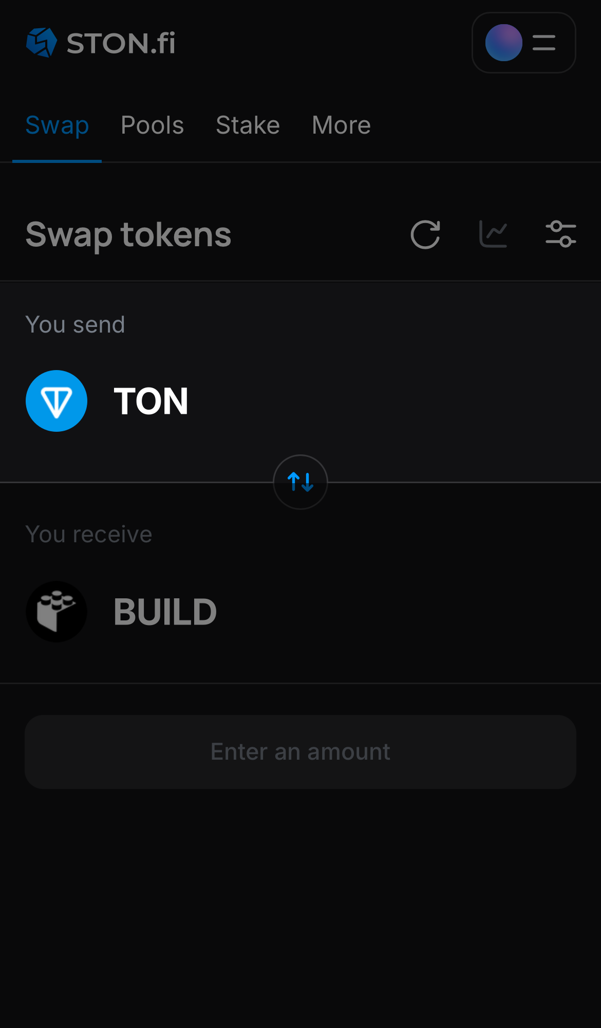 یک توکن را در جعبه ‘You send’ انتخاب کنید — برای مثال، TON.
