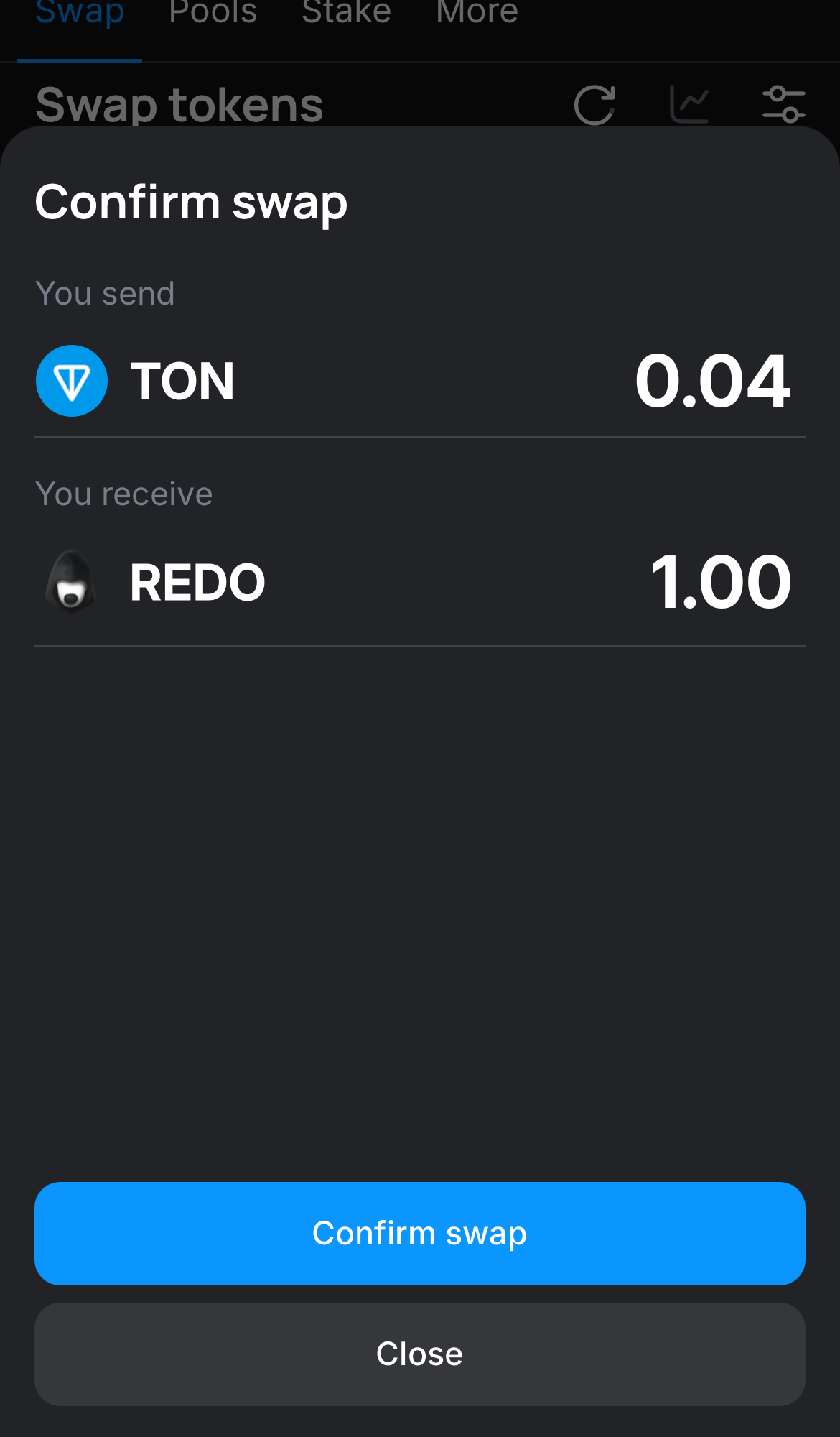 Click ‘Swap‘, double-check the details, and confirm the transaction by clicking the ‘Confirm swap‘ button.
