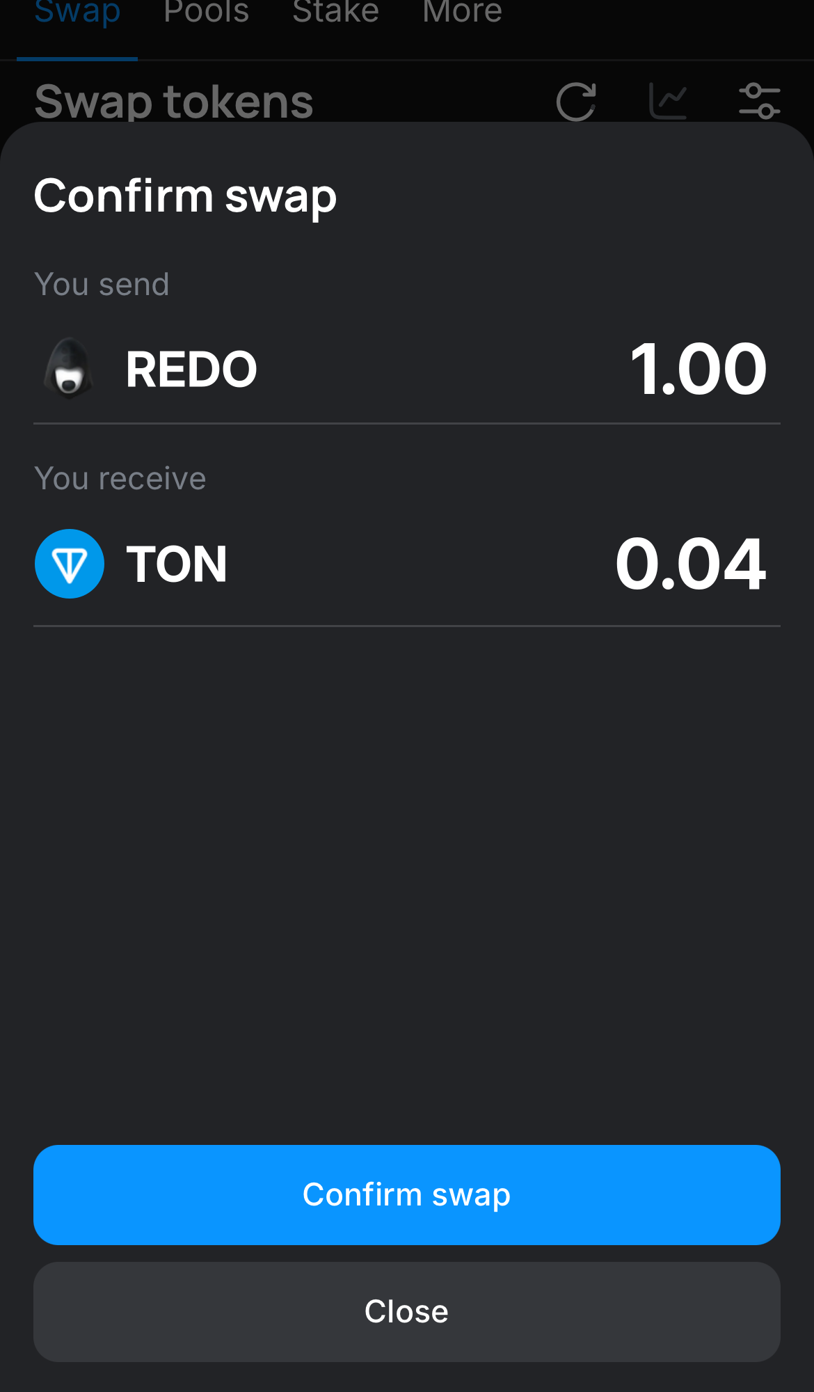 Click ‘Swap‘, double-check the details, and confirm the transaction by clicking the ‘Confirm swap‘ button.