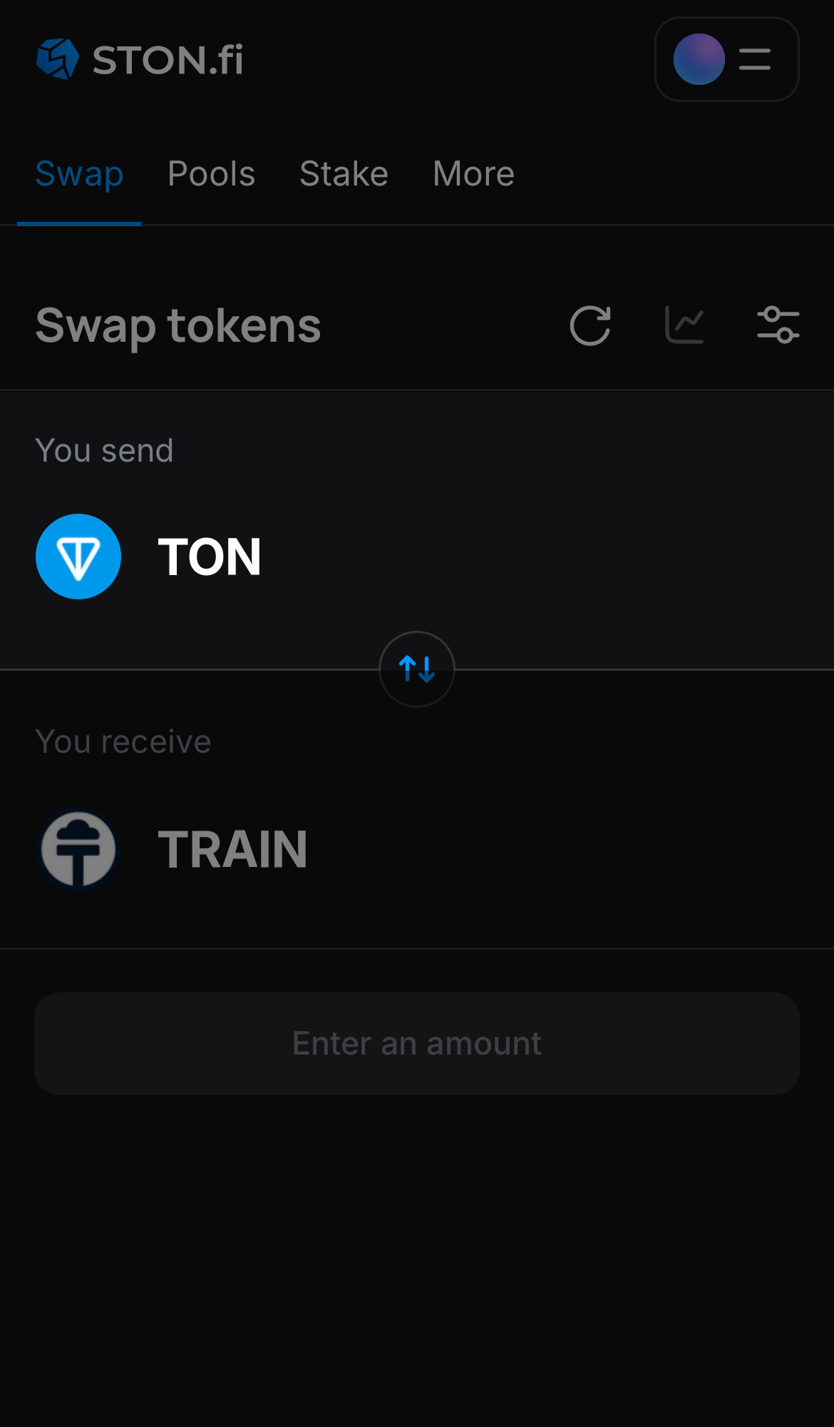 Elige un token en la casilla ‘You send’ — por ejemplo, TON.