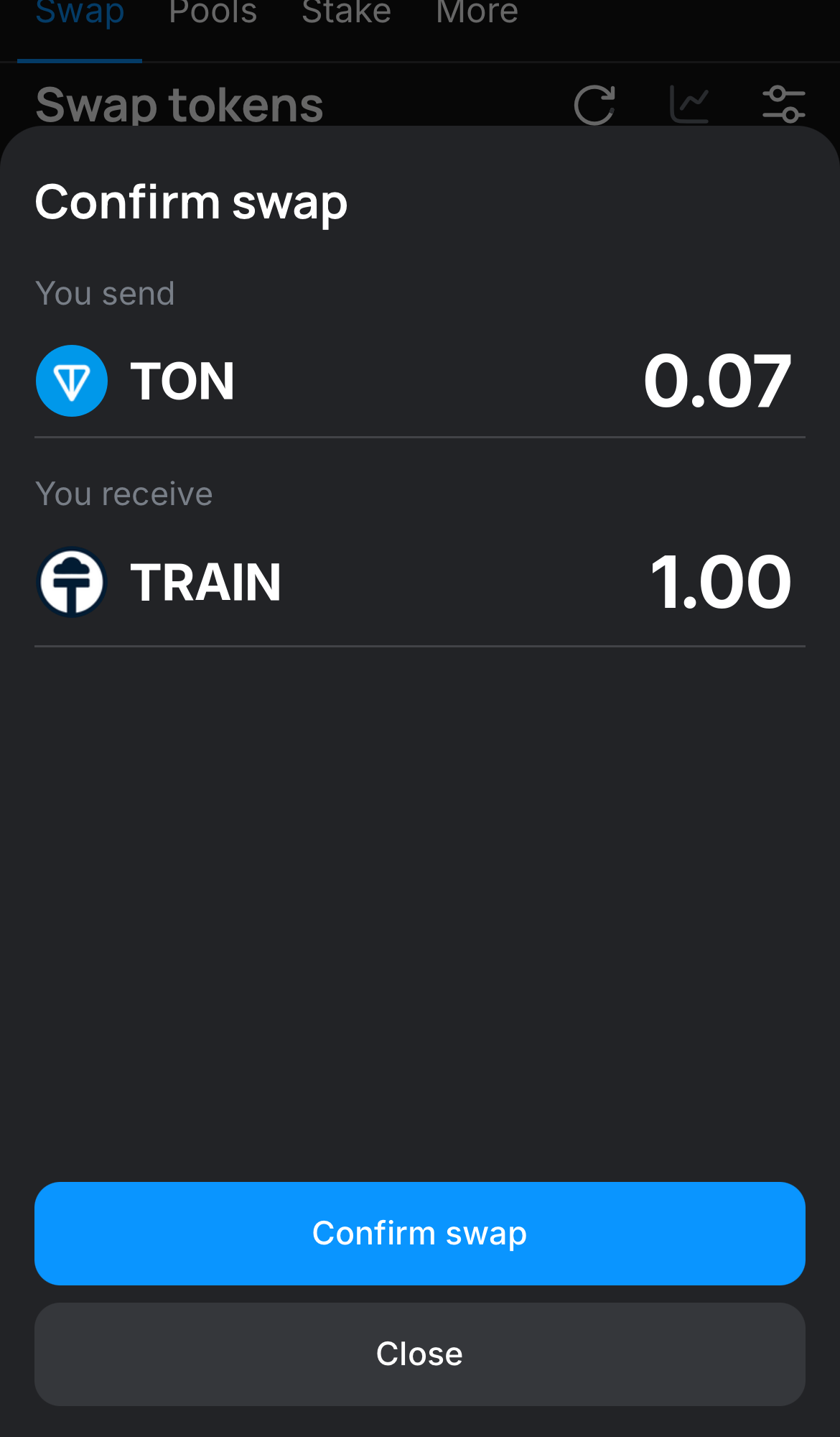 Haz clic en ‘Swap‘, revisa los detalles y confirma la transacción haciendo clic en el botón ‘Confirm swap‘.