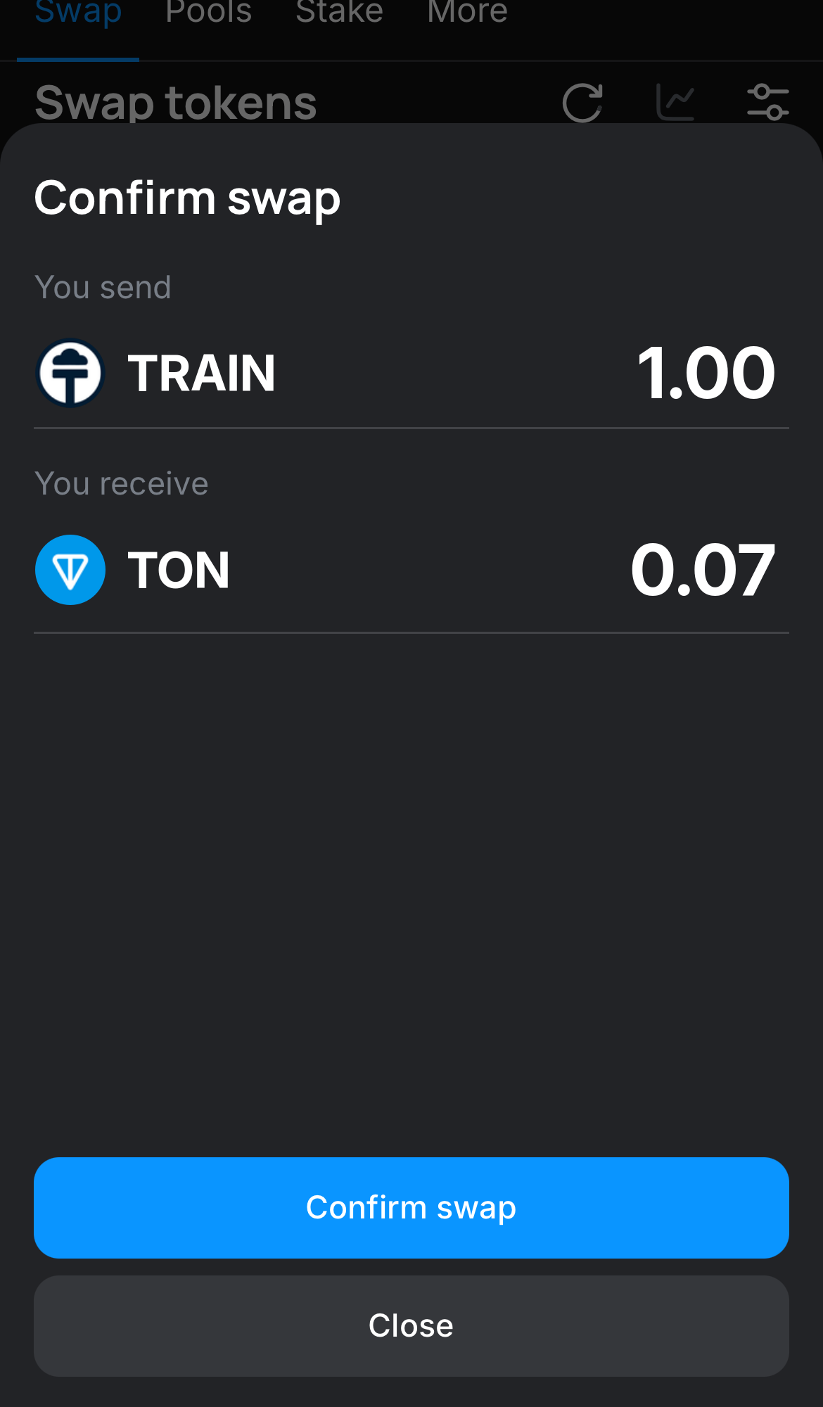 Haz clic en ‘Swap‘, revisa los detalles y confirma la transacción haciendo clic en el botón ‘Confirm swap‘.