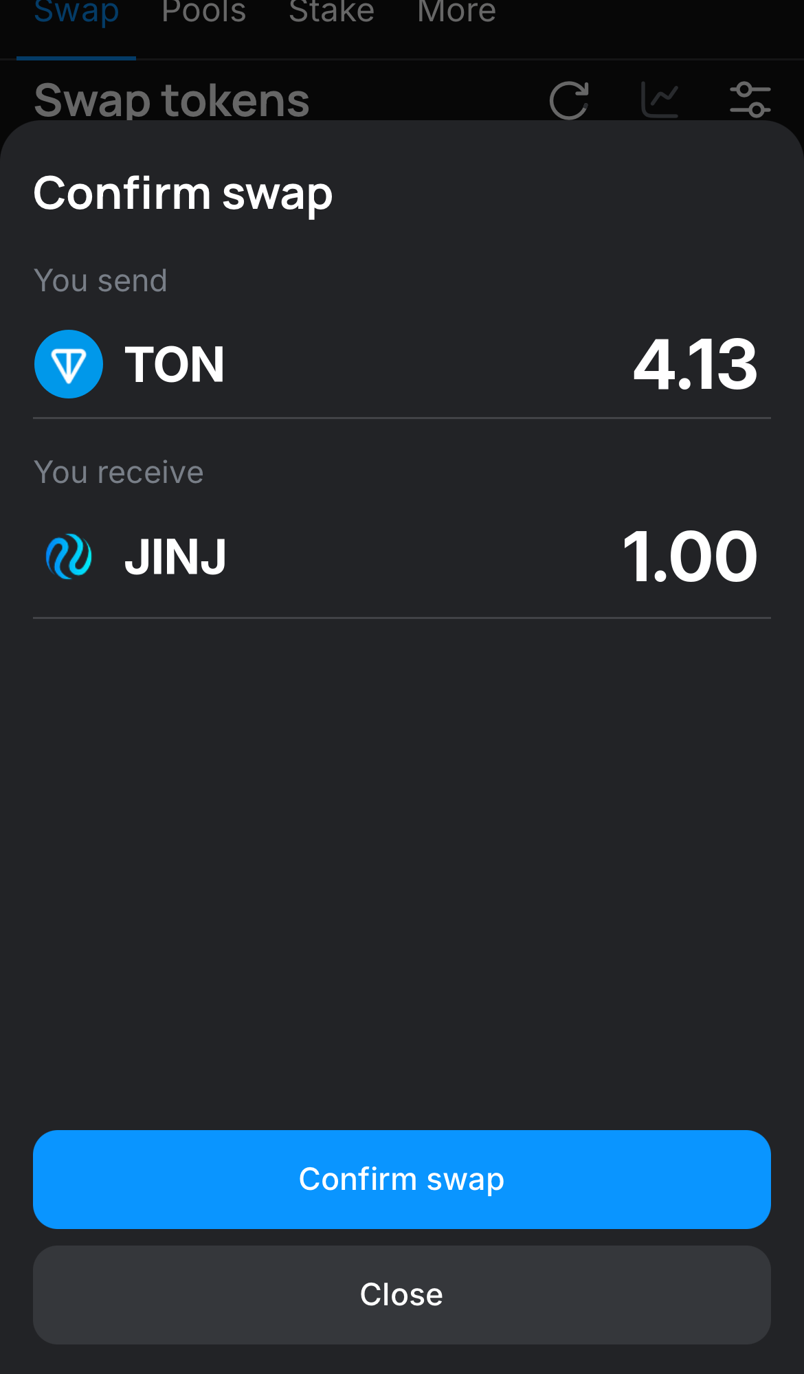 Click ‘Swap‘, double-check the details, and confirm the transaction by clicking the ‘Confirm swap‘ button.