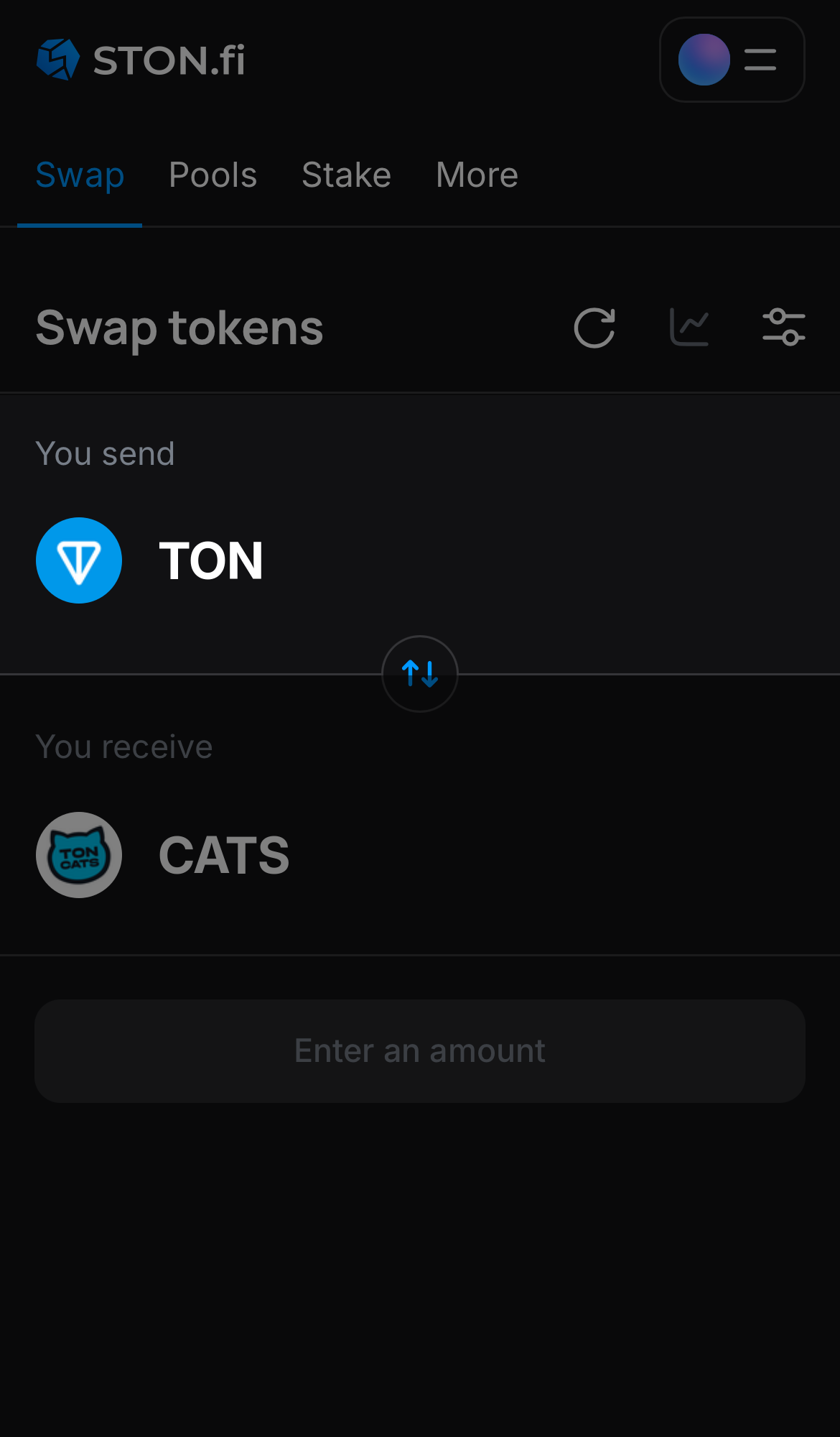 Elige un token en la casilla ‘You send’ — por ejemplo, TON.