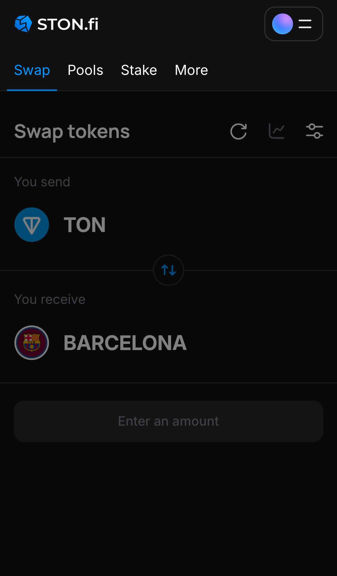 Open the STON.fi app and navigate to the ‘Swap‘ tab.