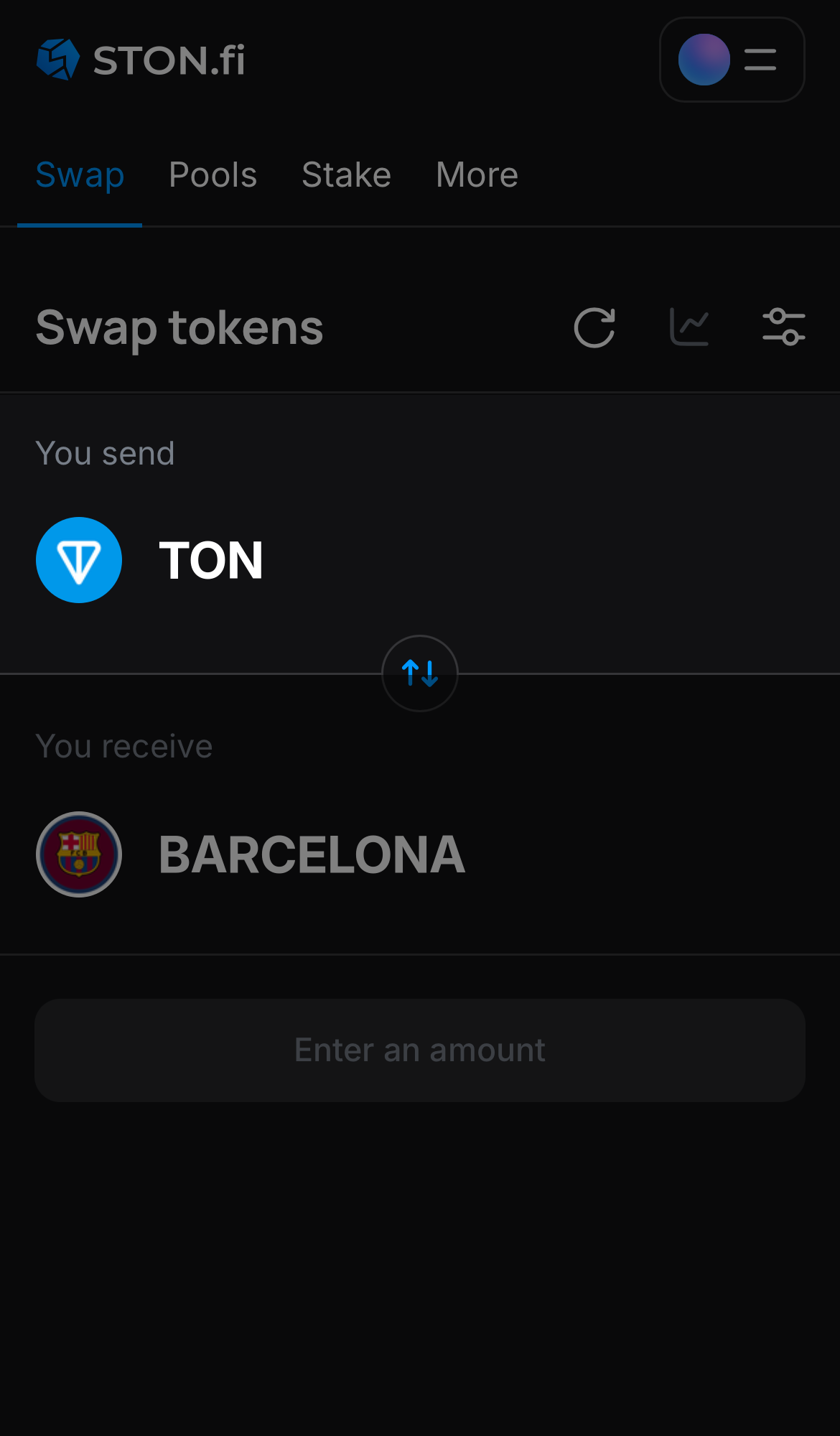 Choose a token in the ‘You send’ box — for example, TON.