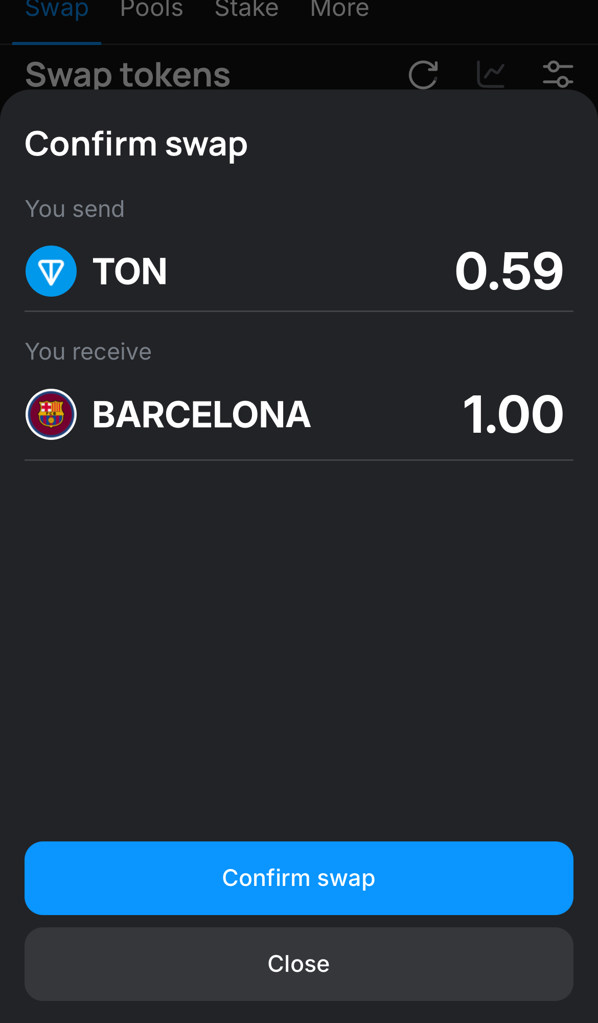 Click ‘Swap‘, double-check the details, and confirm the transaction by clicking the ‘Confirm swap‘ button.