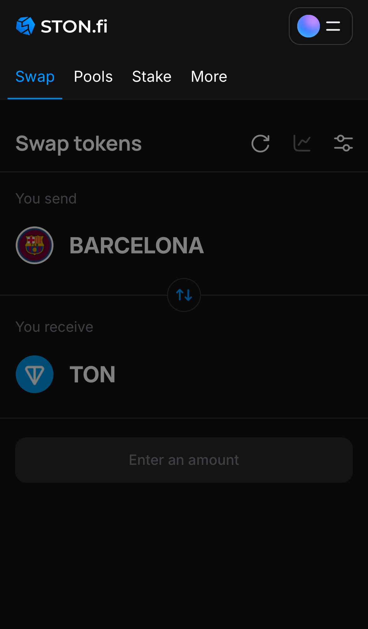 Open the STON.fi app and navigate to the ‘Swap‘ tab.