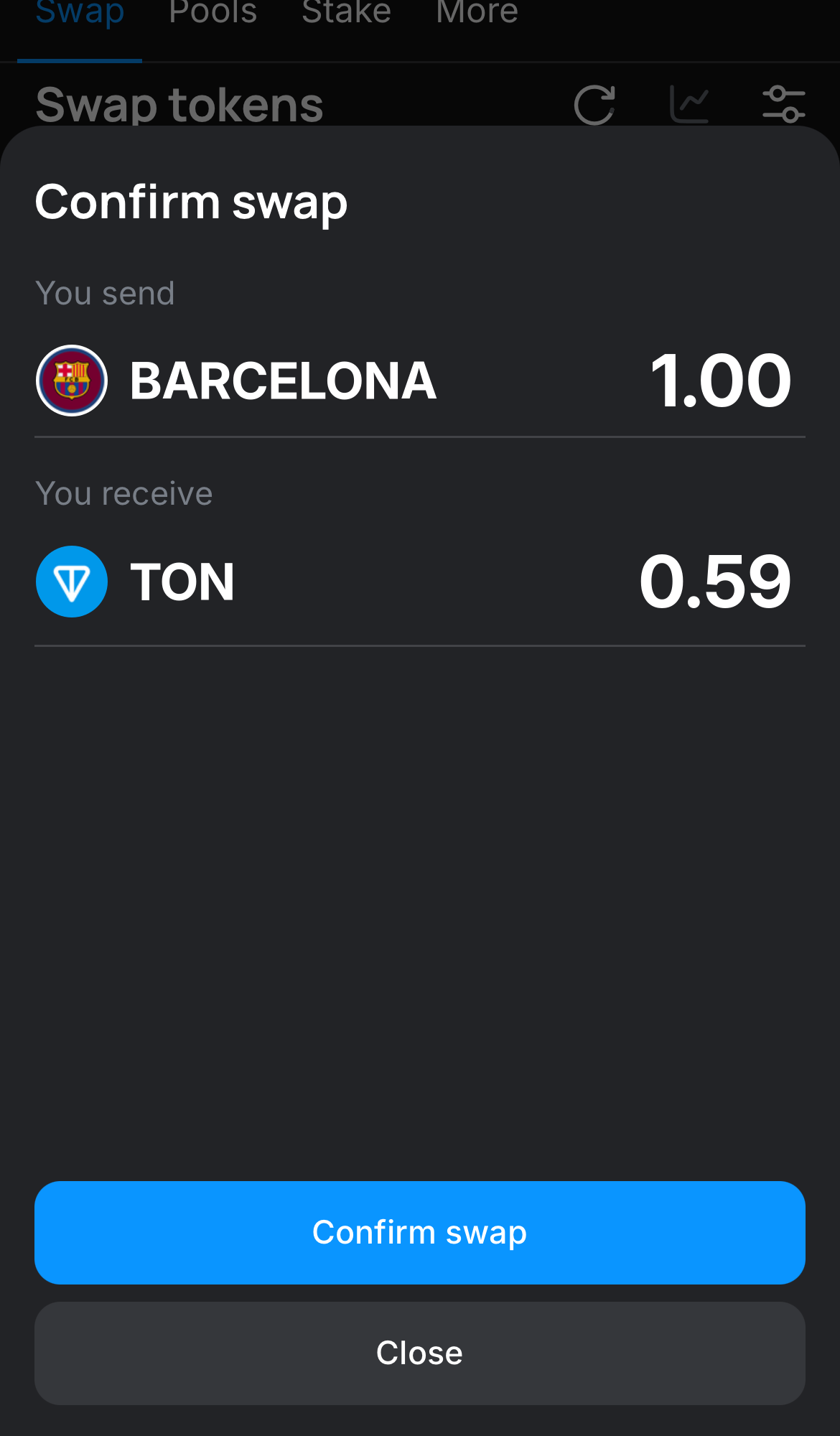Click ‘Swap‘, double-check the details, and confirm the transaction by clicking the ‘Confirm swap‘ button.