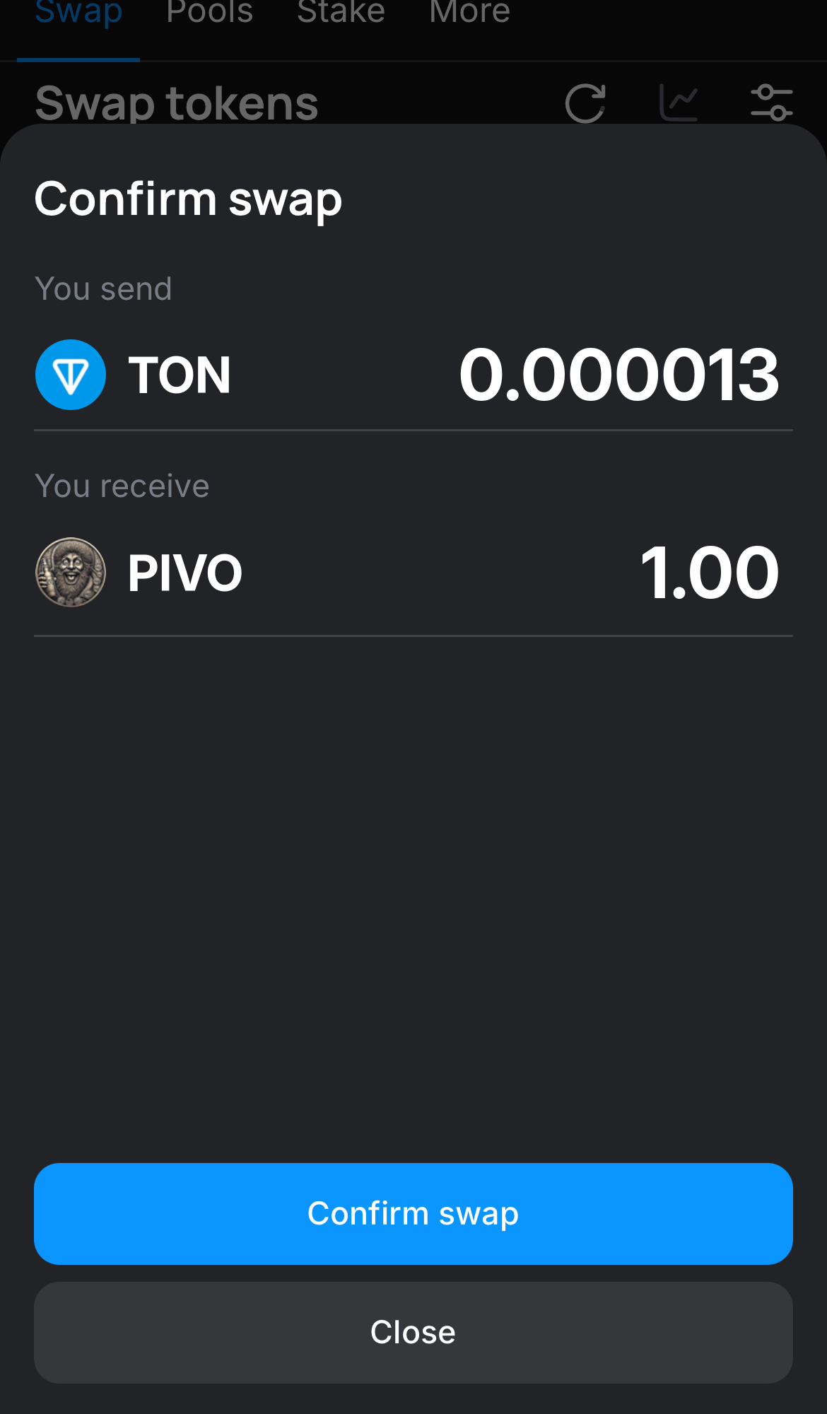 Cliquez sur ‘Swap‘, vérifiez les détails, puis confirmez la transaction en cliquant sur le bouton ‘Confirm swap‘.