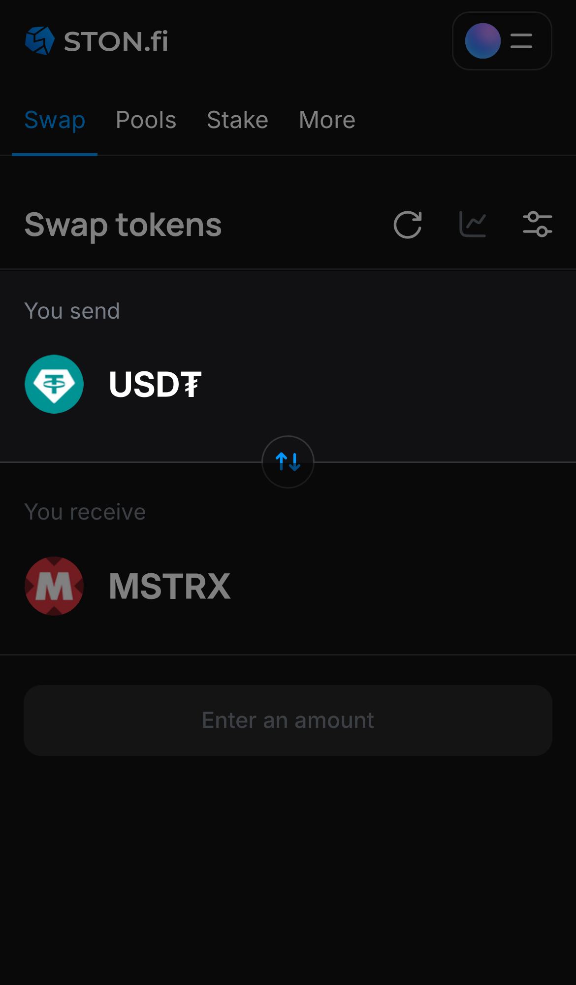 Выберите токен в поле «You send» — например, USD₮.