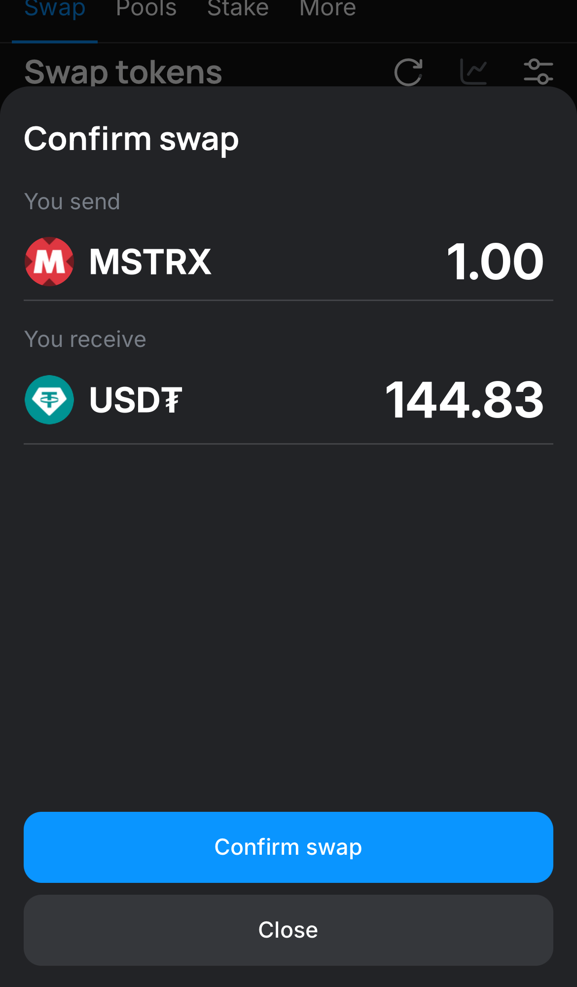 Нажмите на «Swap», дважды проверьте всю информацию и нажмите на кнопку «Confirm swap», чтобы подтвердить транзакцию.