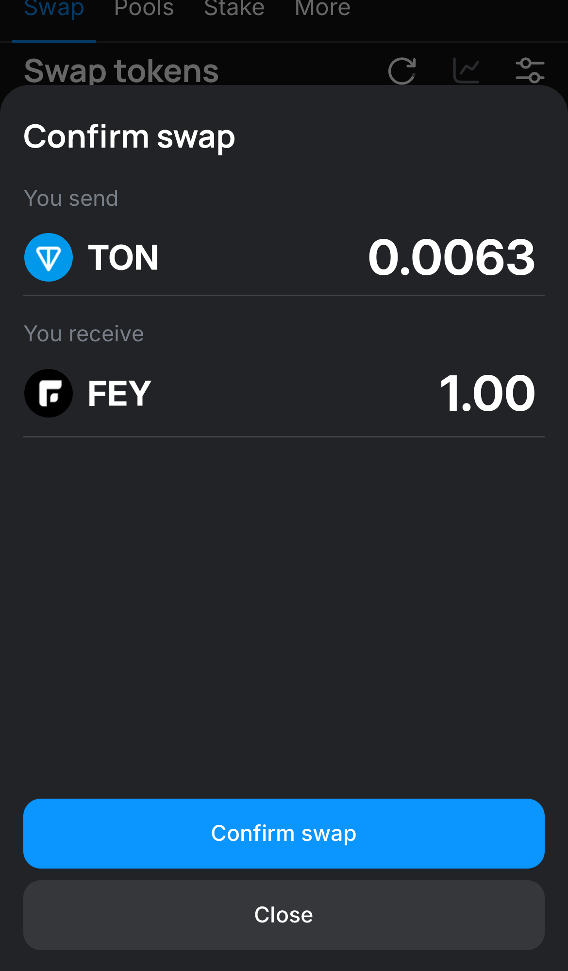Haz clic en ‘Swap‘, revisa los detalles y confirma la transacción haciendo clic en el botón ‘Confirm swap‘.