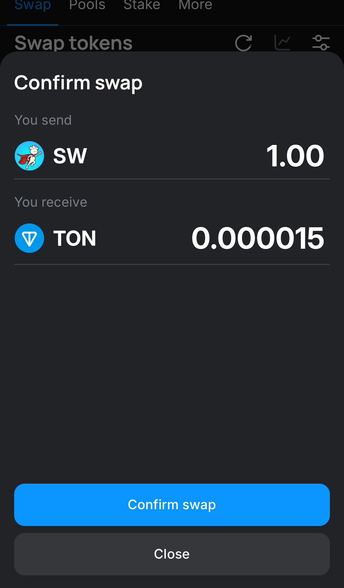 Haz clic en ‘Swap‘, revisa los detalles y confirma la transacción haciendo clic en el botón ‘Confirm swap‘.
