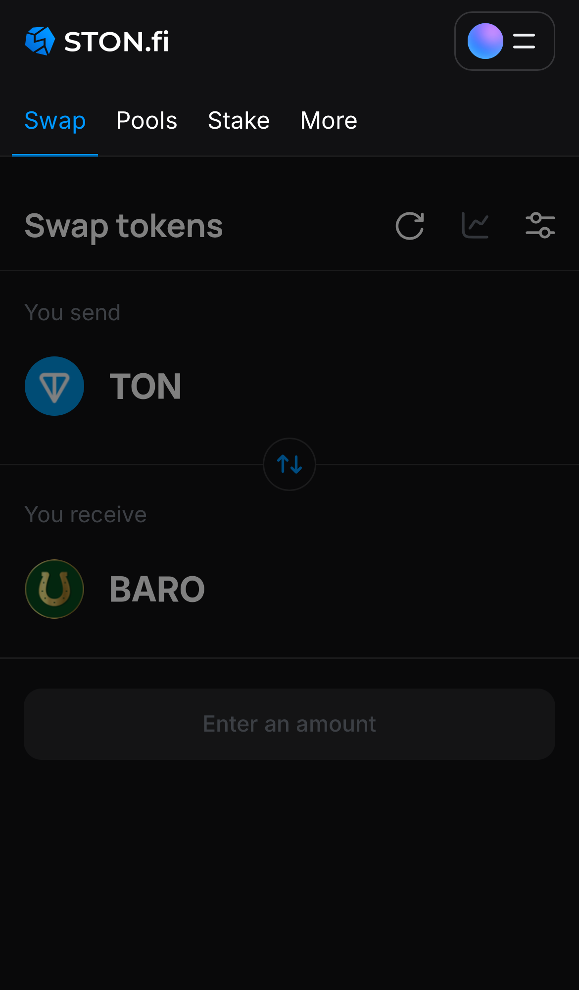 Open the STON.fi app and navigate to the ‘Swap‘ tab.