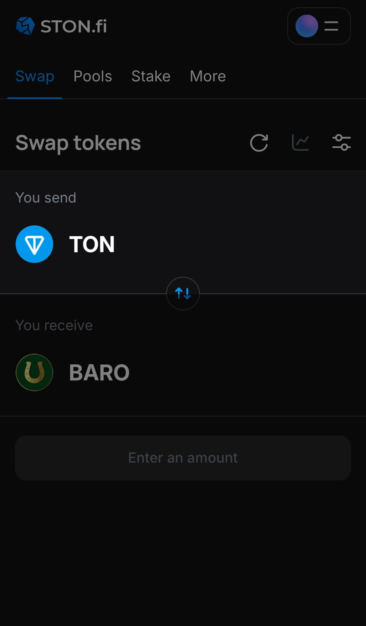 Choose a token in the ‘You send’ box — for example, TON.