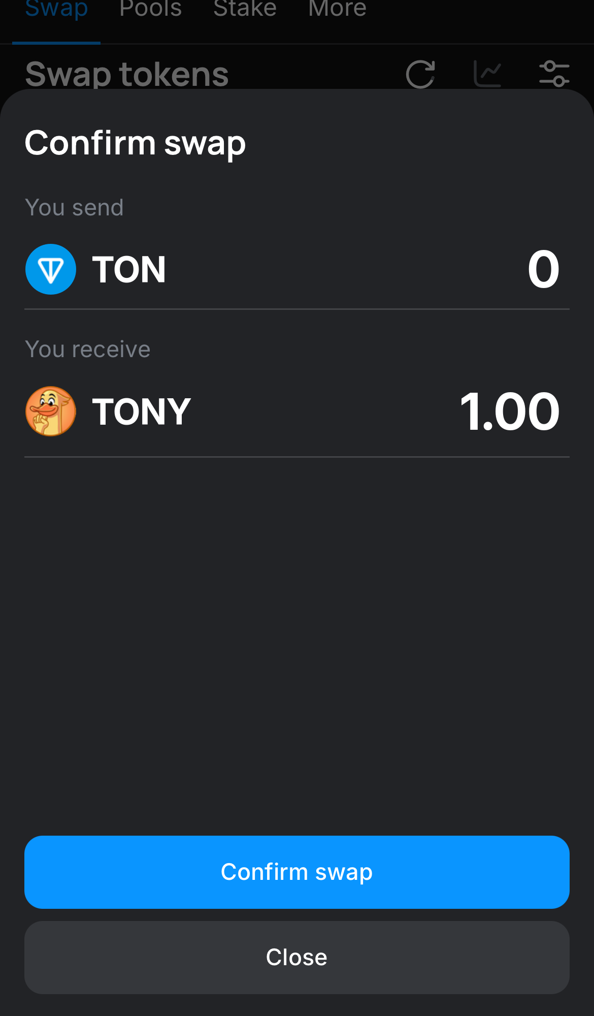 Cliquez sur ‘Swap‘, vérifiez les détails, puis confirmez la transaction en cliquant sur le bouton ‘Confirm swap‘.