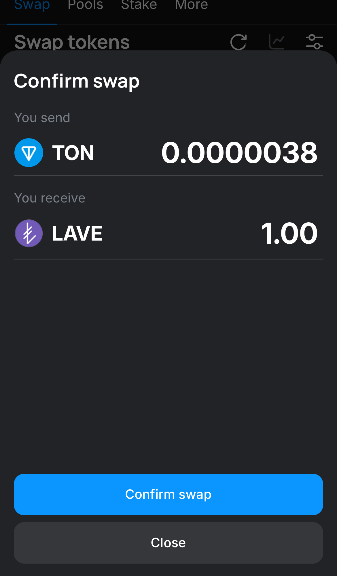Click ‘Swap‘, double-check the details, and confirm the transaction by clicking the ‘Confirm swap‘ button.