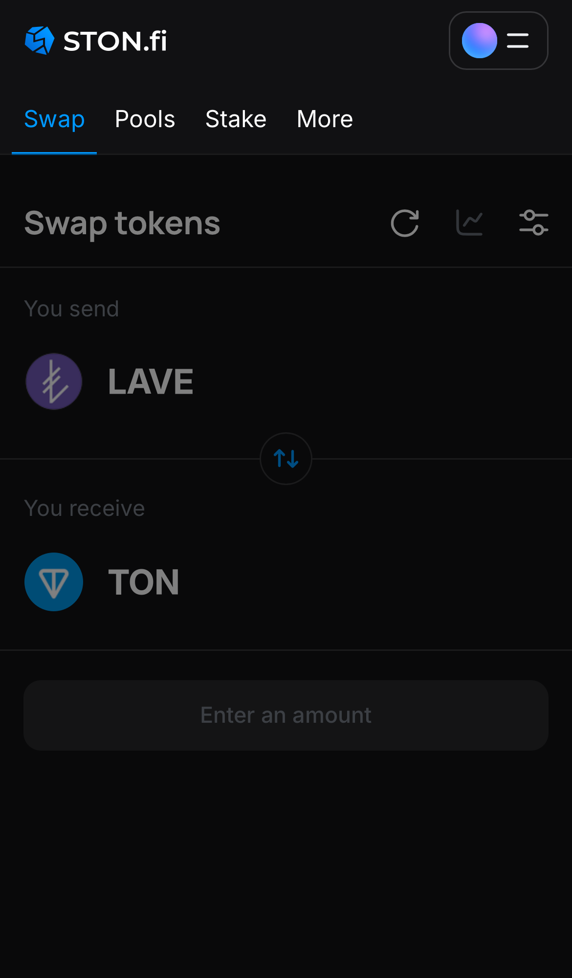 Open the STON.fi app and navigate to the ‘Swap‘ tab.