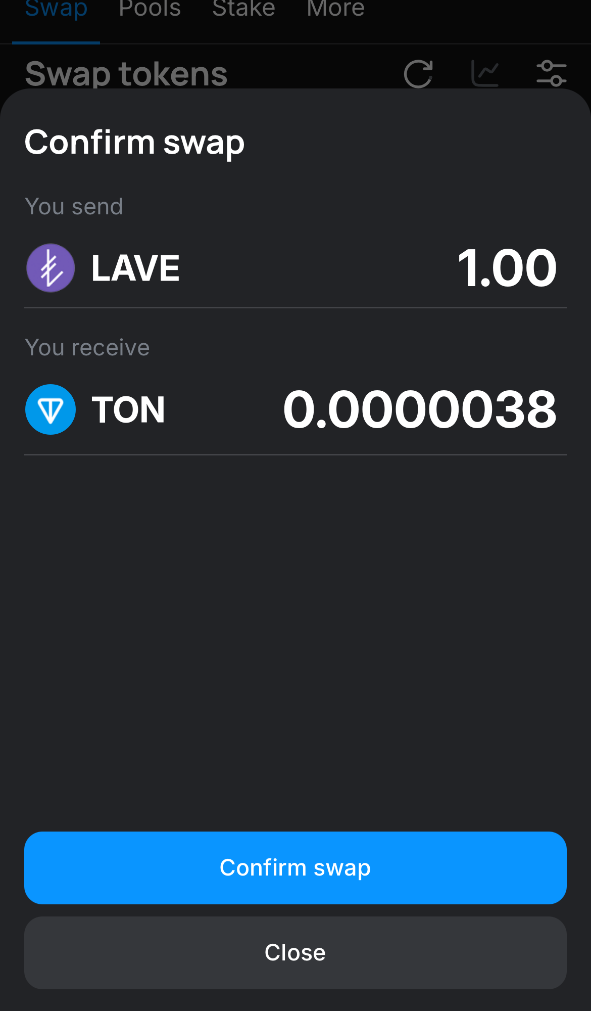 Click ‘Swap‘, double-check the details, and confirm the transaction by clicking the ‘Confirm swap‘ button.