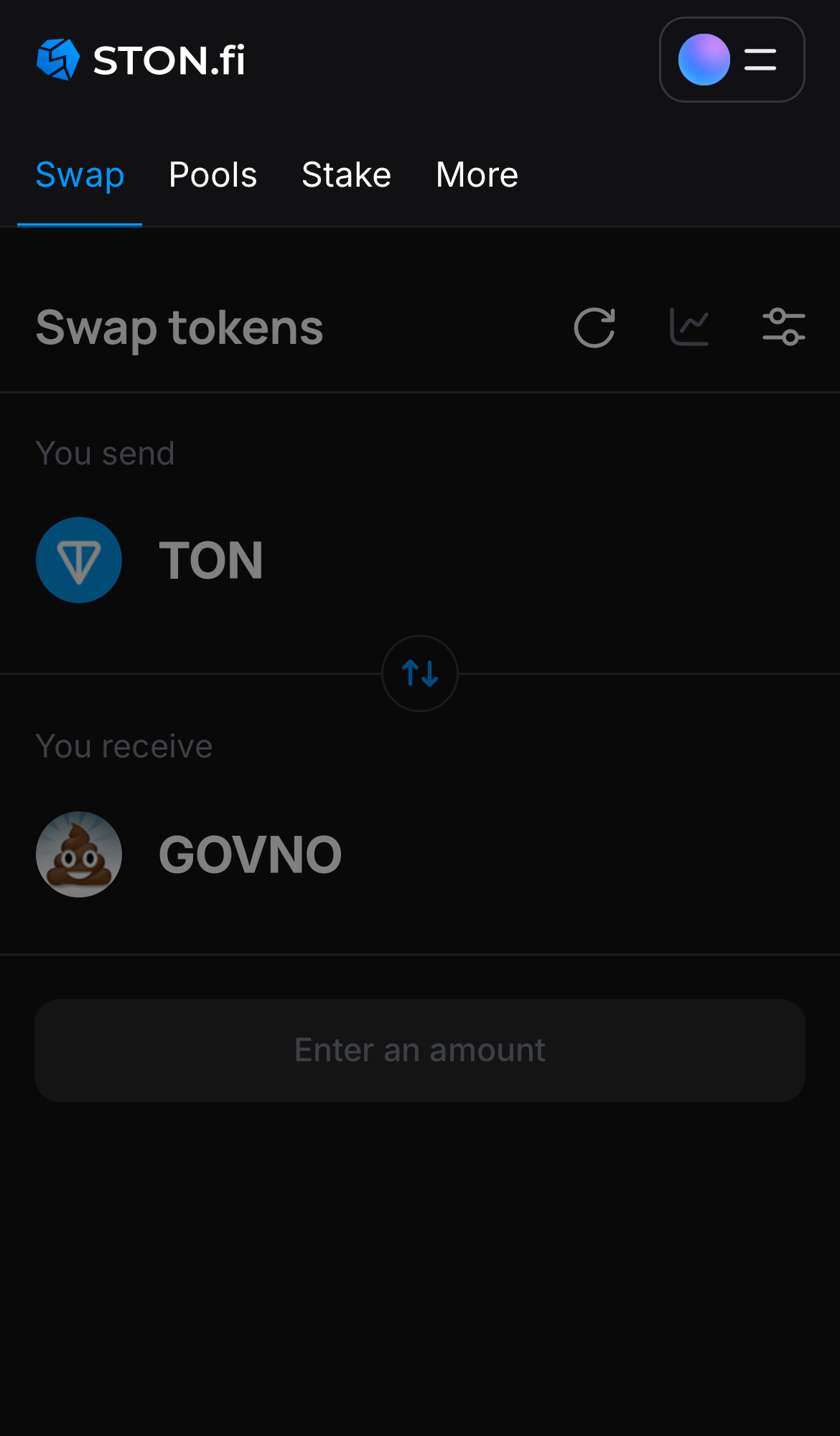 Open the STON.fi app and navigate to the ‘Swap‘ tab.