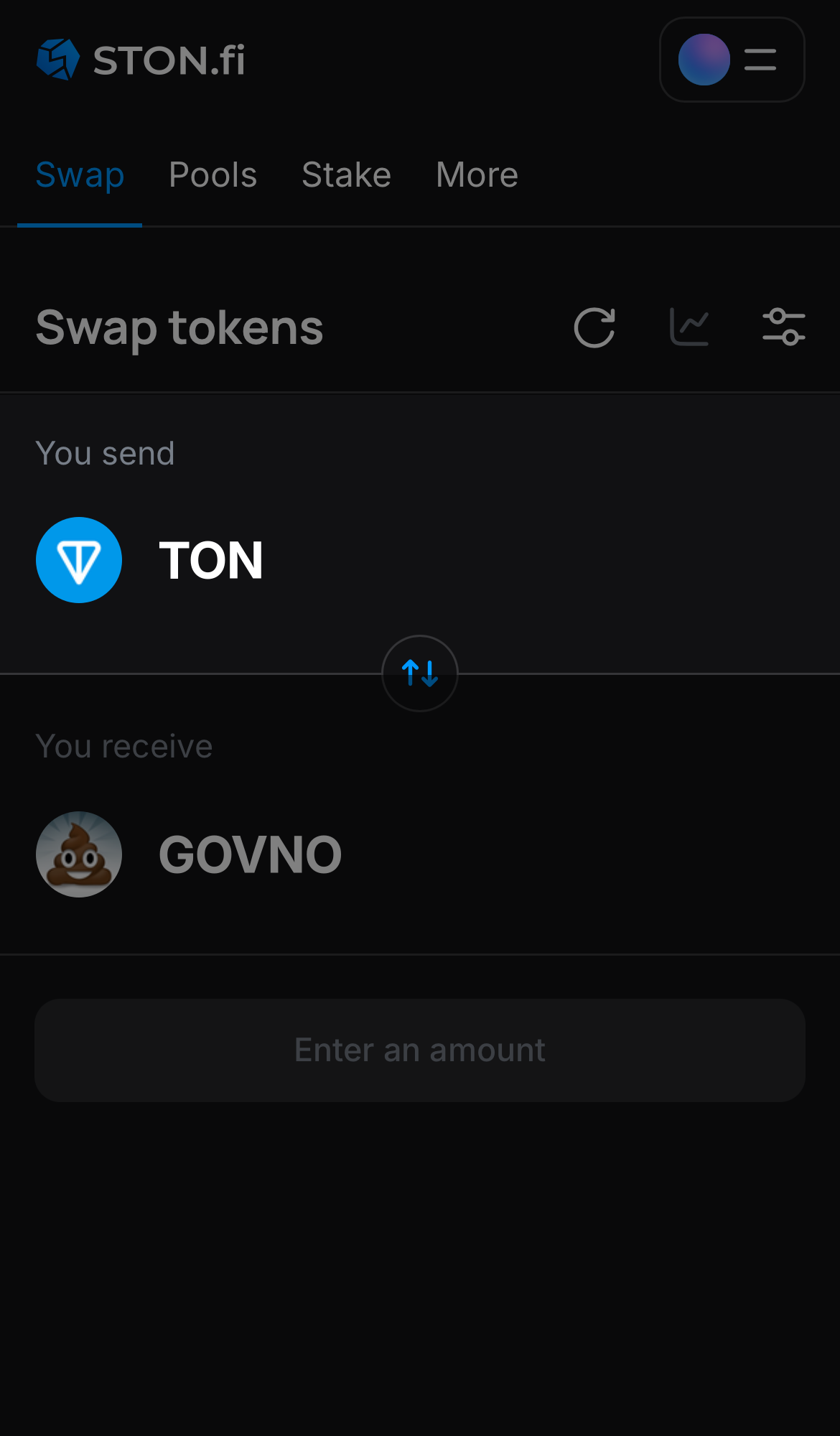 Choose a token in the ‘You send’ box — for example, TON.