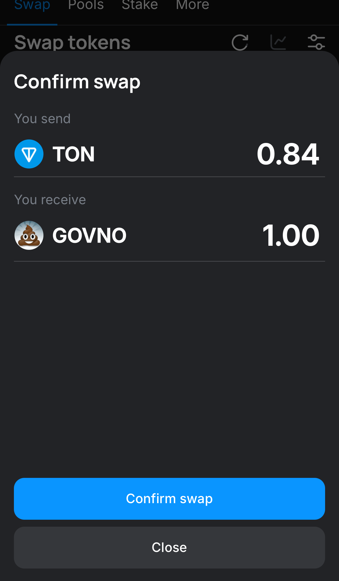Click ‘Swap‘, double-check the details, and confirm the transaction by clicking the ‘Confirm swap‘ button.