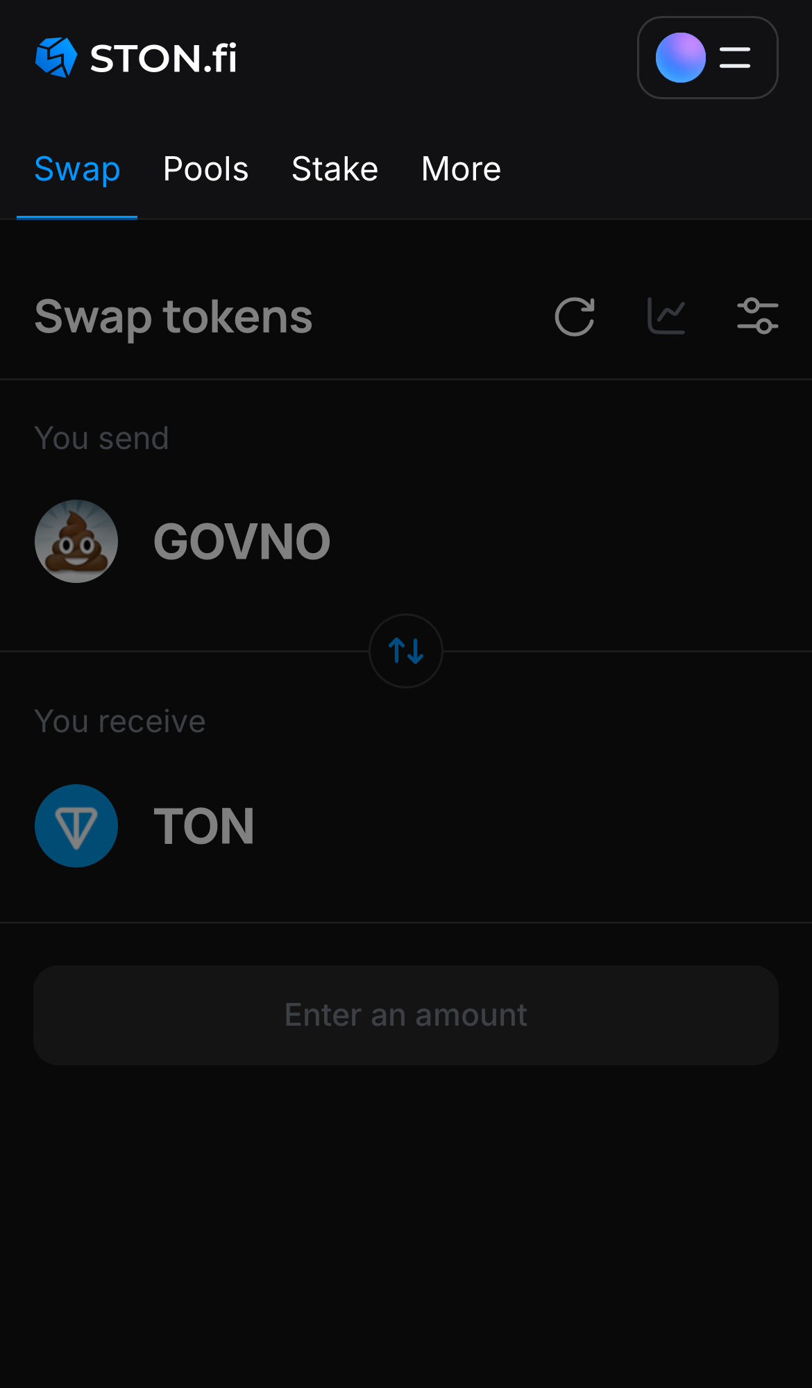 Open the STON.fi app and navigate to the ‘Swap‘ tab.