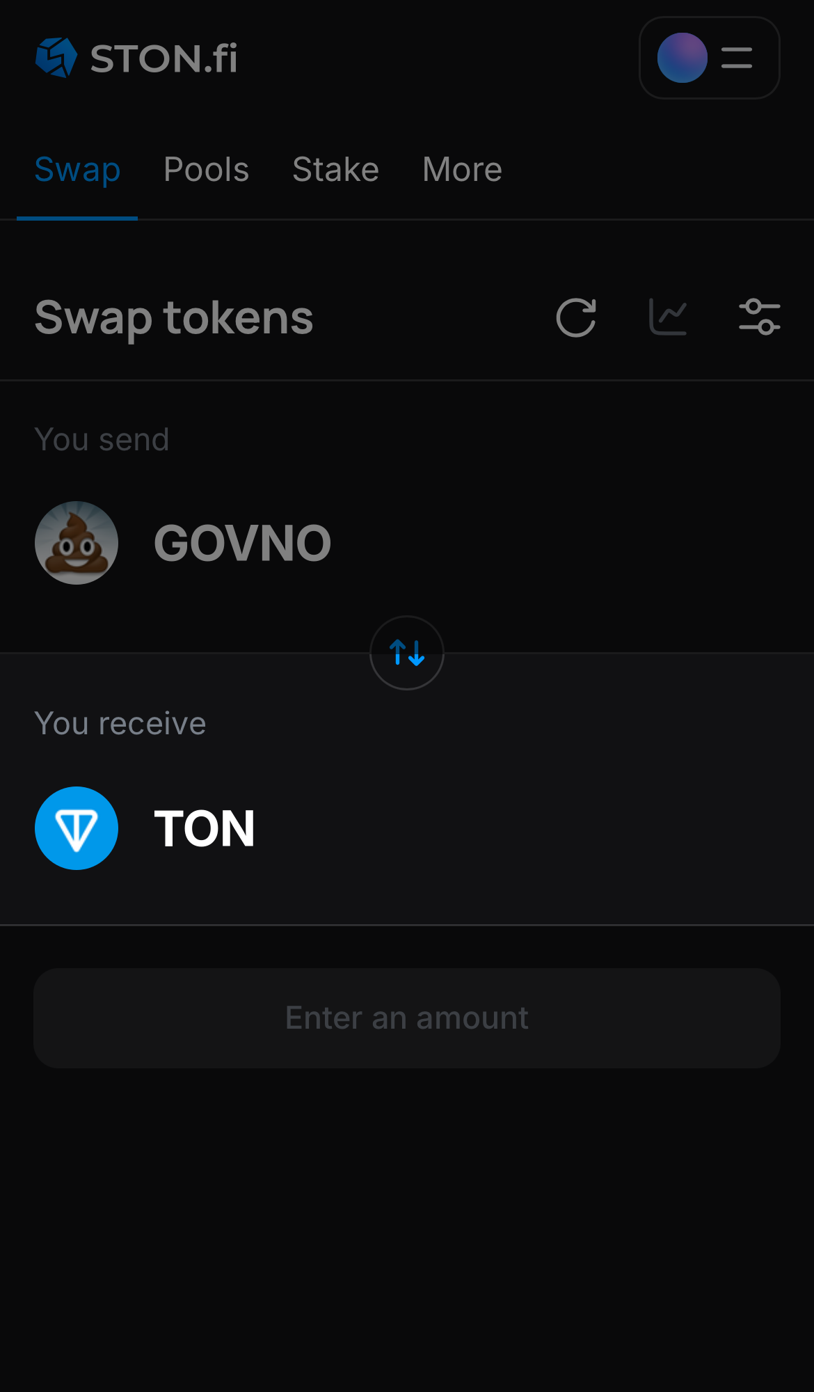 Choose a token in the ‘You receive’ box — for example, TON.