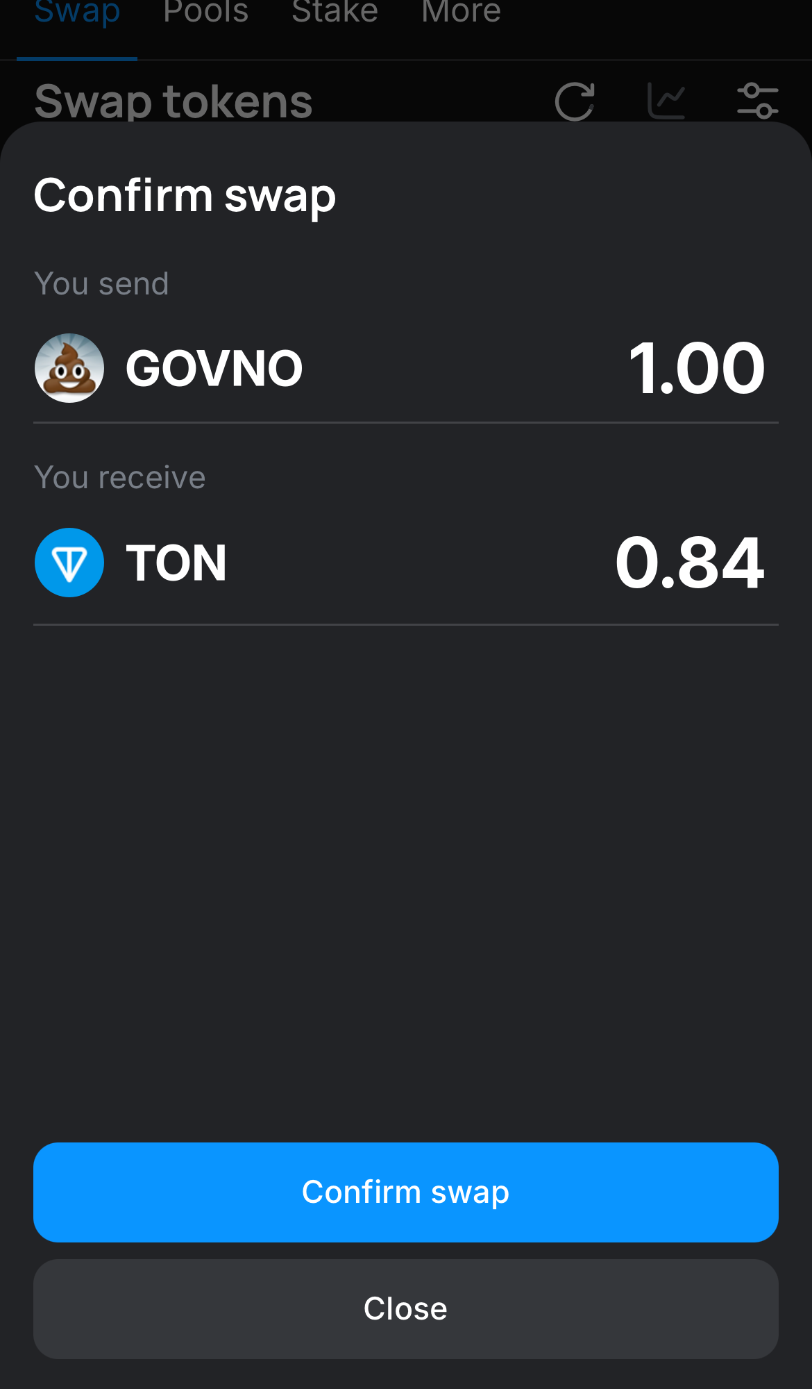 Click ‘Swap‘, double-check the details, and confirm the transaction by clicking the ‘Confirm swap‘ button.