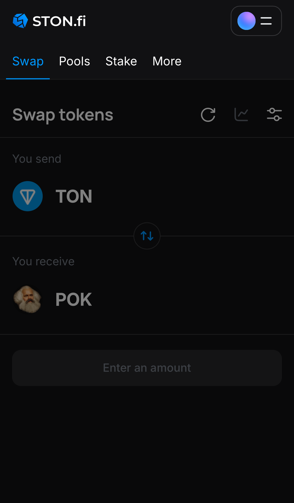 افتح تطبيق STON.fi واذهب إلى تبويب "Swap".
