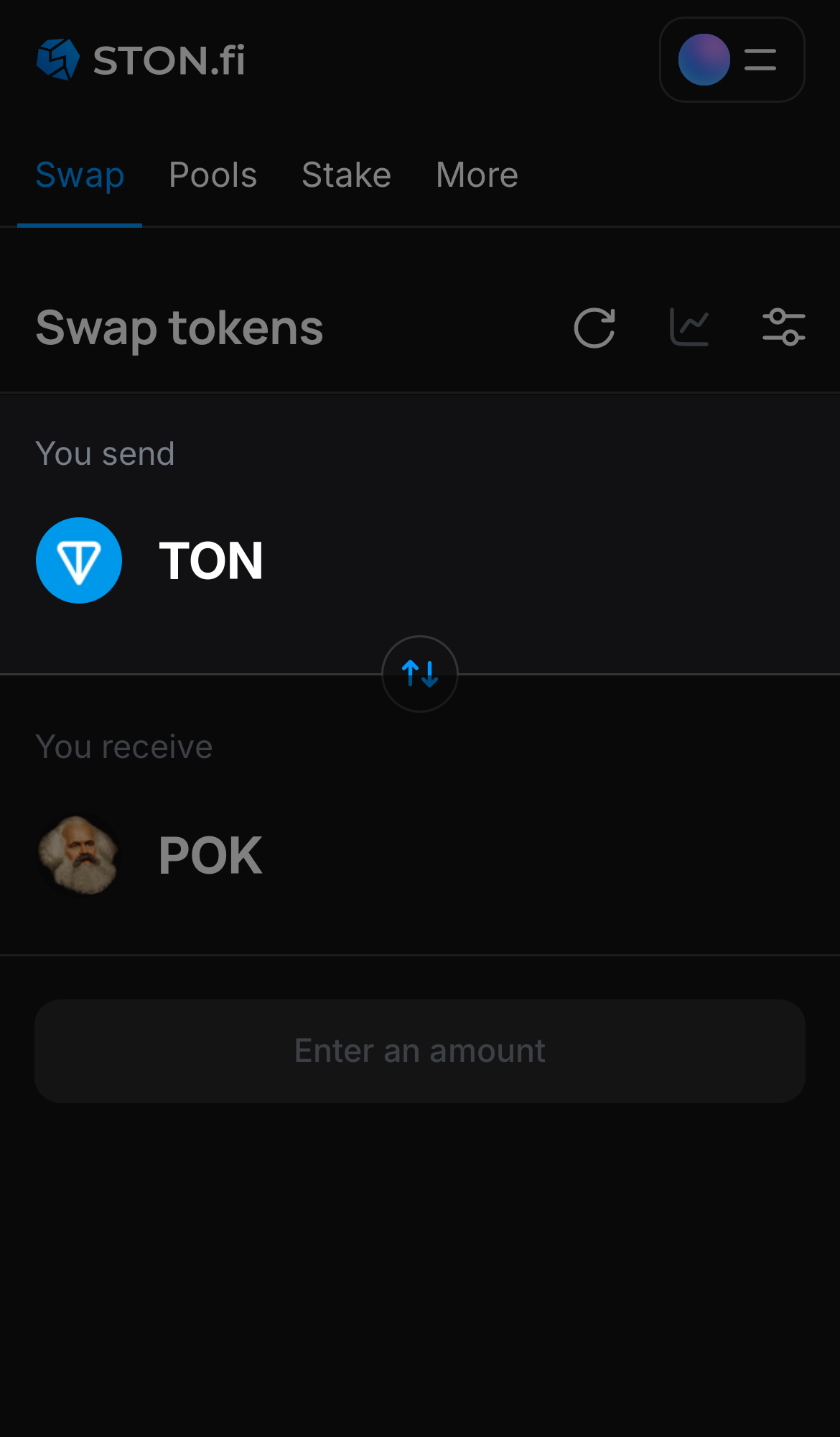 اختر رمزًا في مربع "You send" — على سبيل المثال، TON.