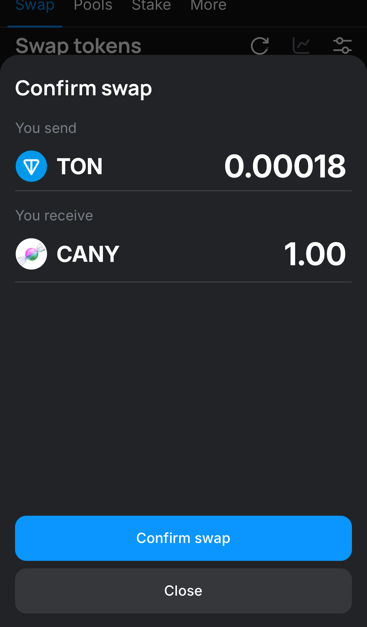 Click ‘Swap‘, double-check the details, and confirm the transaction by clicking the ‘Confirm swap‘ button.