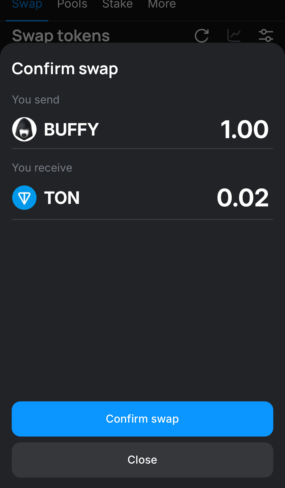 Click ‘Swap‘, double-check the details, and confirm the transaction by clicking the ‘Confirm swap‘ button.