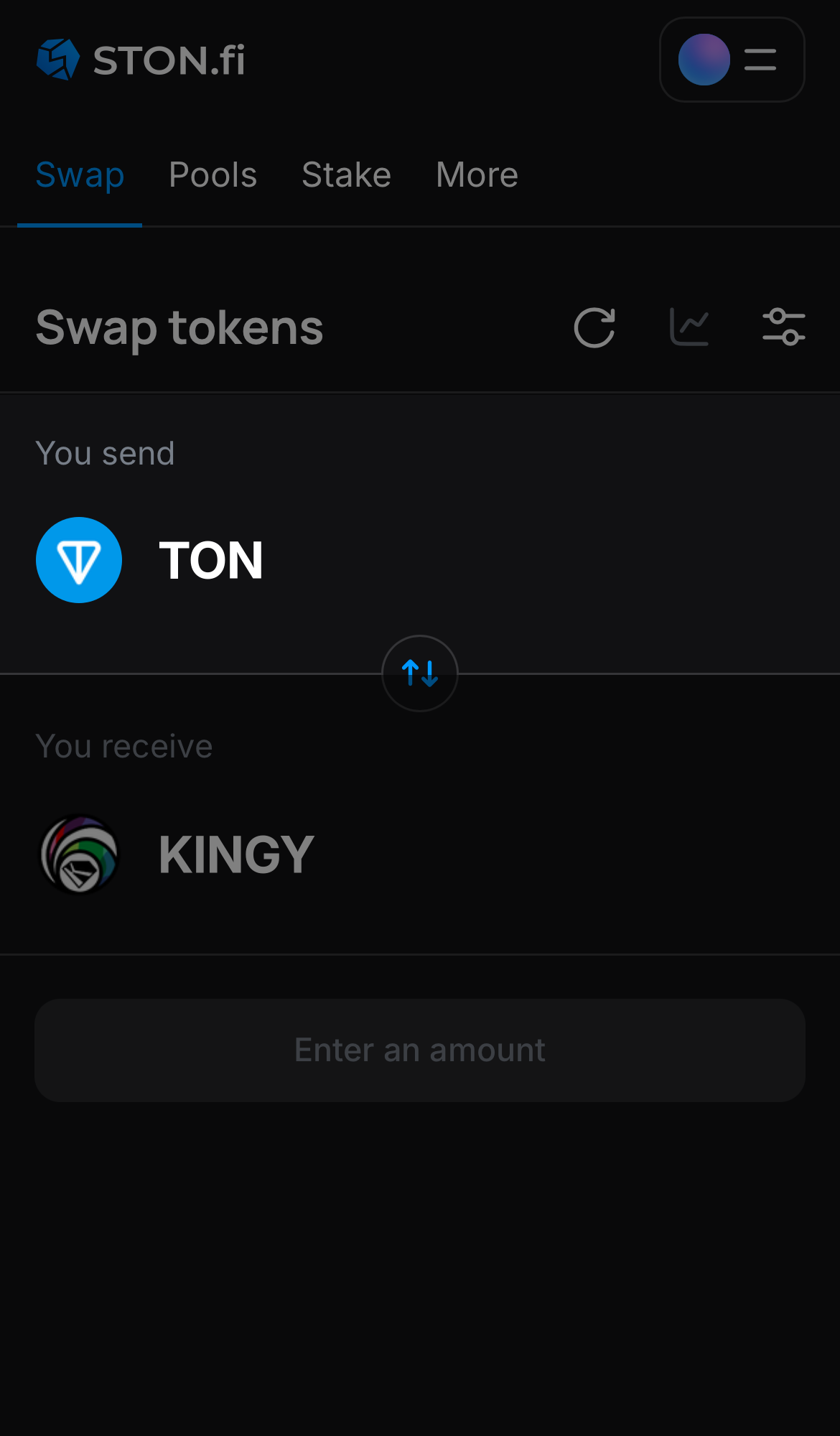 Choose a token in the ‘You send’ box — for example, TON.