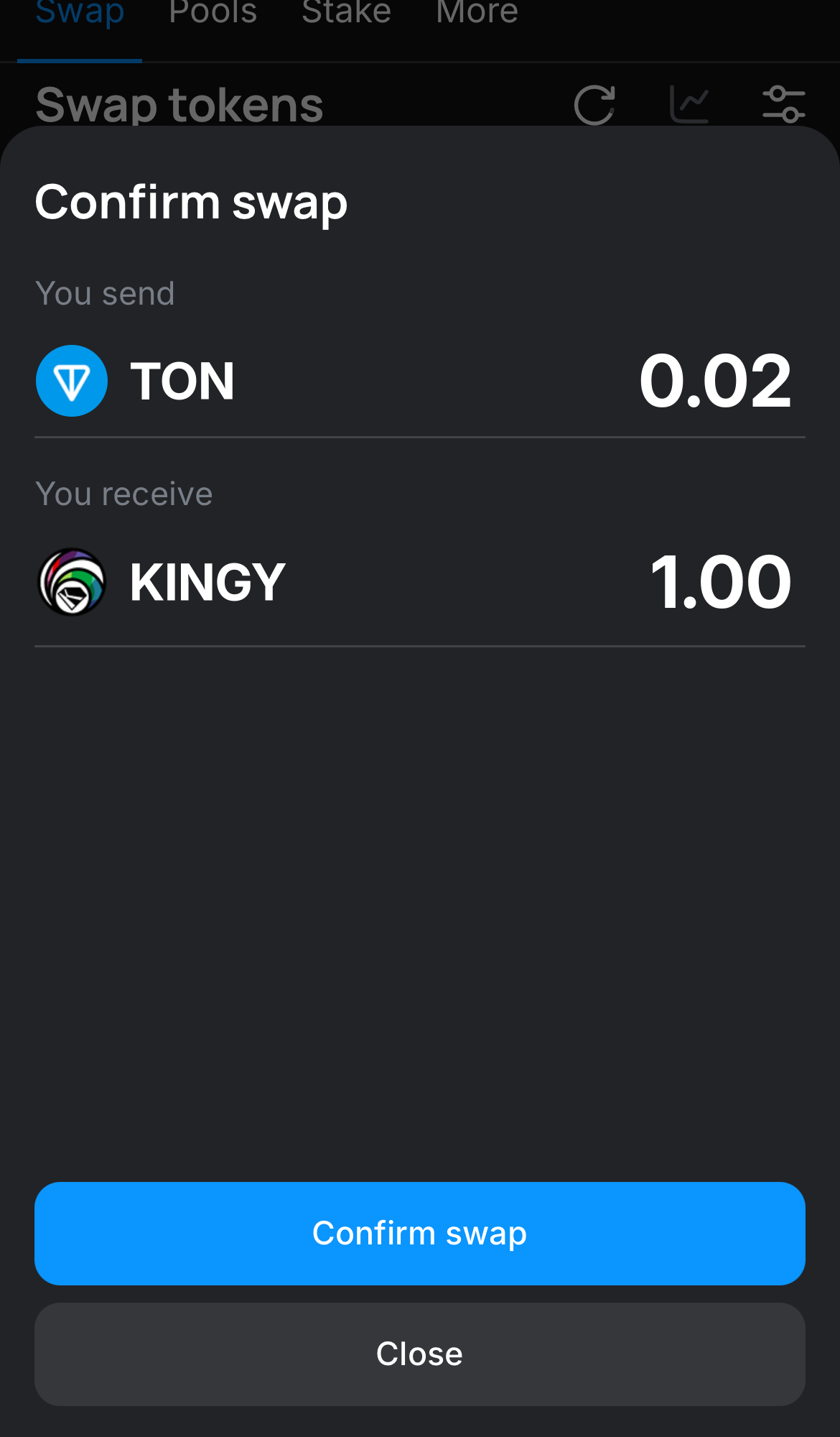 Click ‘Swap‘, double-check the details, and confirm the transaction by clicking the ‘Confirm swap‘ button.