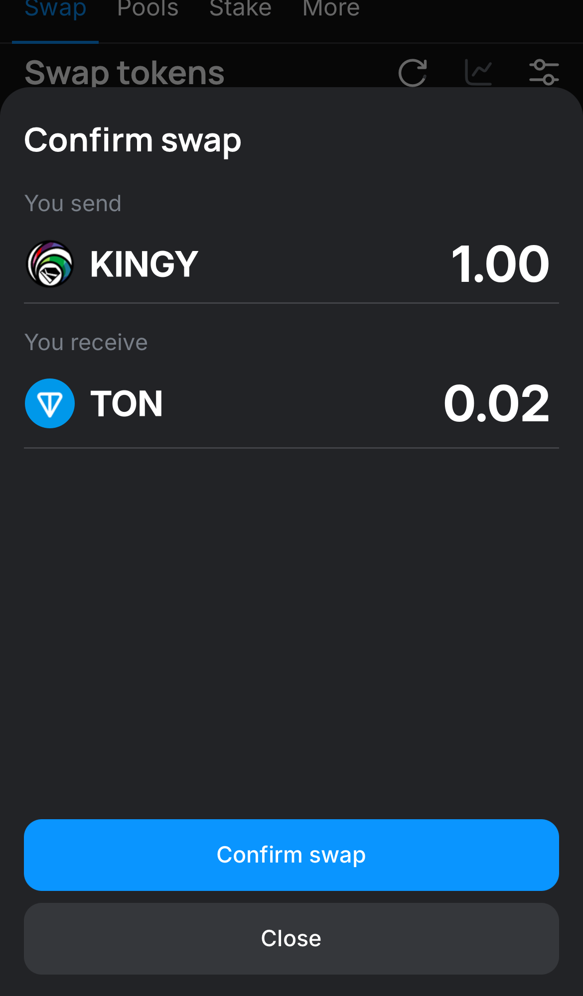 Click ‘Swap‘, double-check the details, and confirm the transaction by clicking the ‘Confirm swap‘ button.