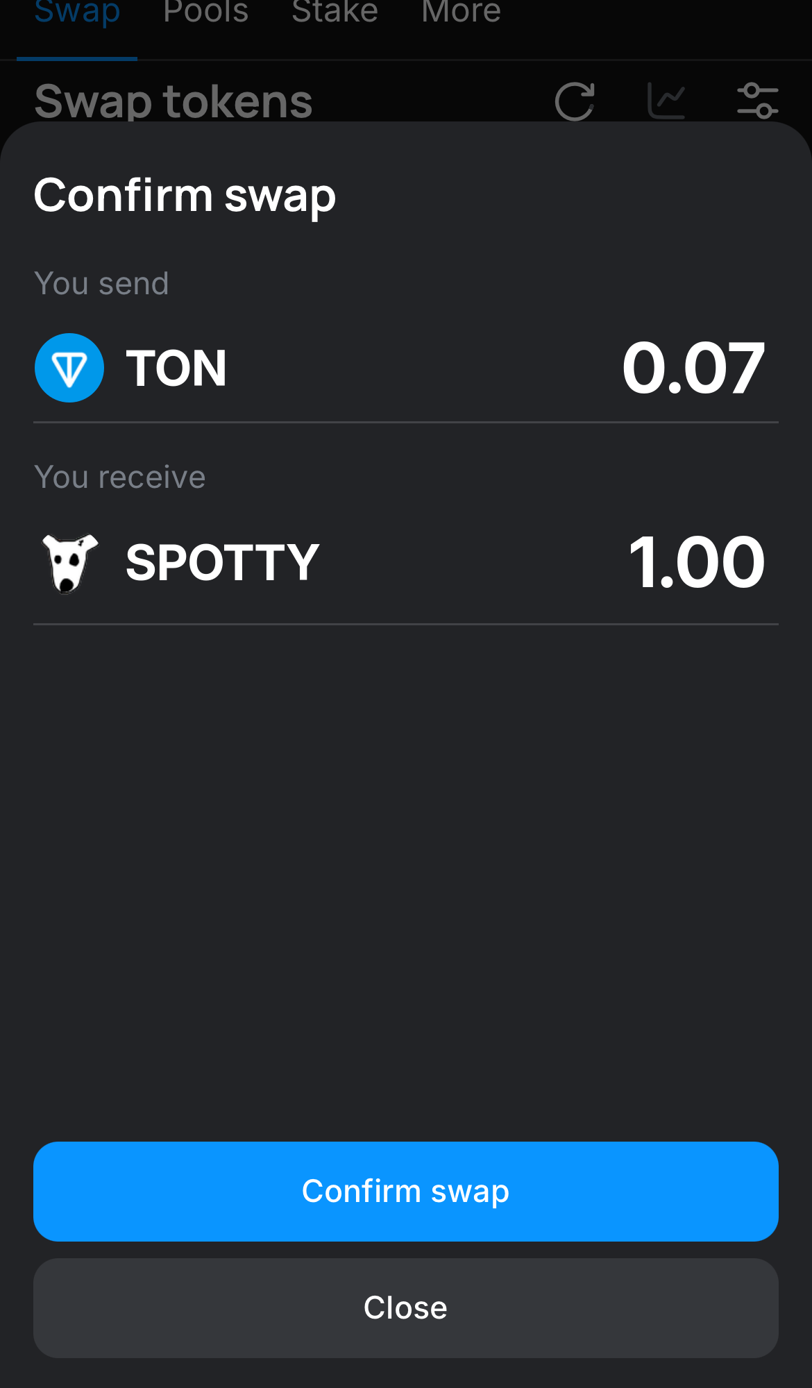 Cliquez sur ‘Swap‘, vérifiez les détails, puis confirmez la transaction en cliquant sur le bouton ‘Confirm swap‘.