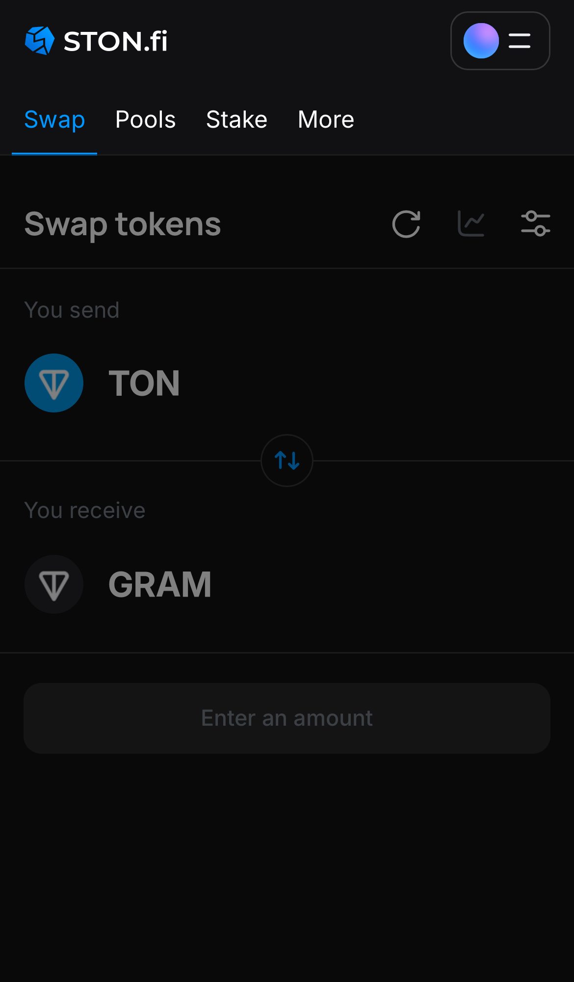 Open the STON.fi app and navigate to the ‘Swap‘ tab.