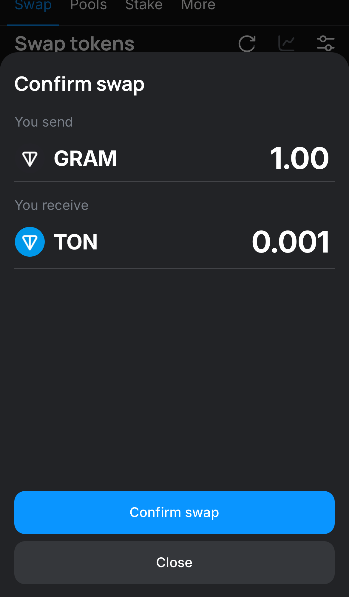 Click ‘Swap‘, double-check the details, and confirm the transaction by clicking the ‘Confirm swap‘ button.