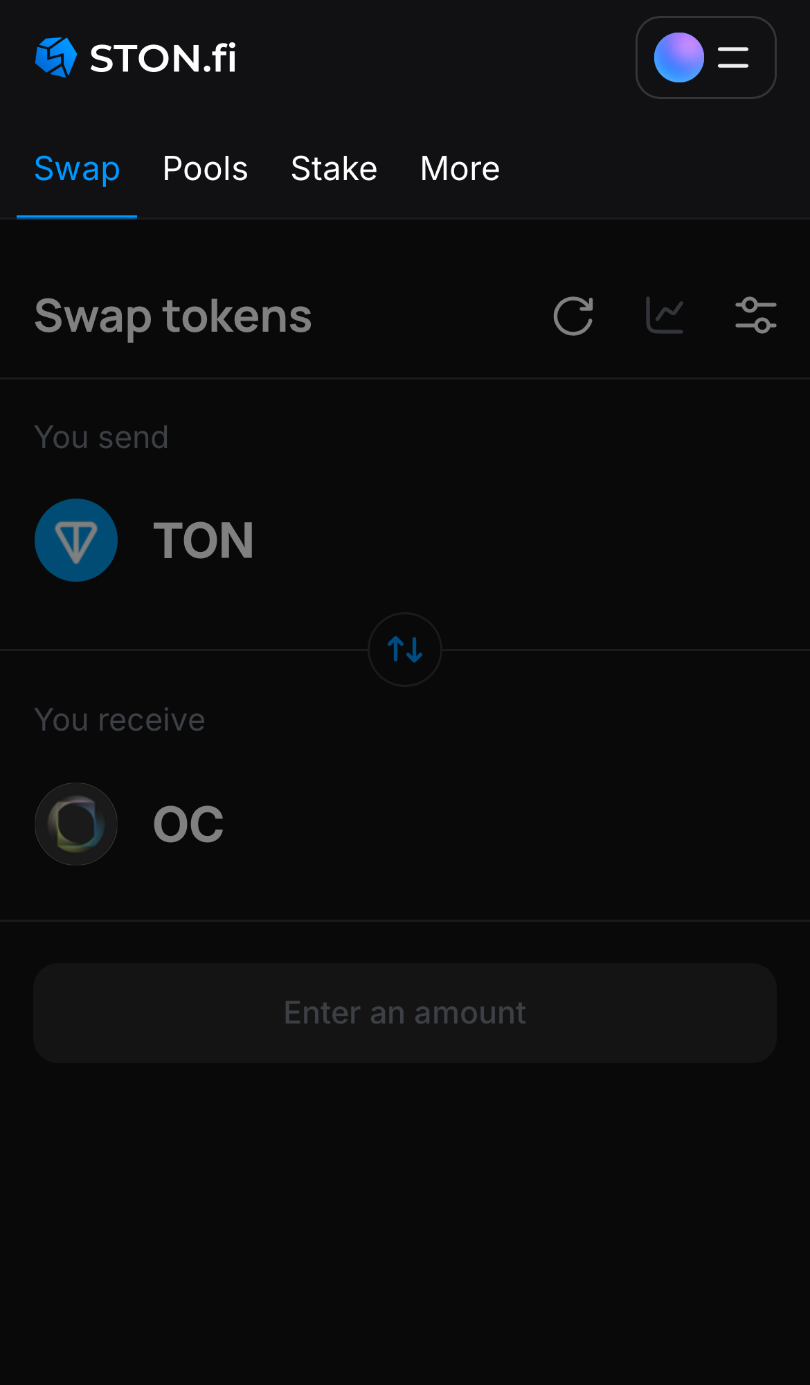 Abre la aplicación STON.fi y dirígete a la pestaña ‘Swap‘.