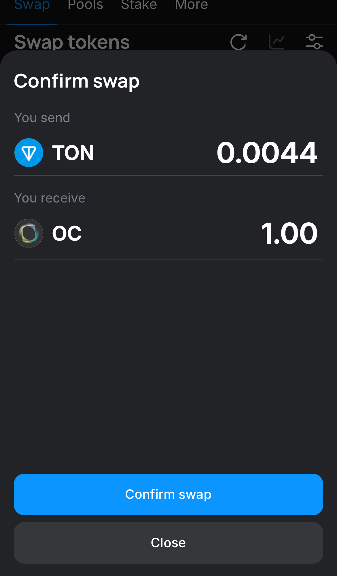 Haz clic en ‘Swap‘, revisa los detalles y confirma la transacción haciendo clic en el botón ‘Confirm swap‘.